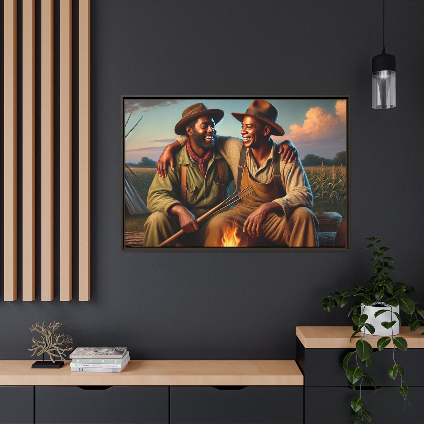 Artwork of an older African-American queer couple sharing a warm, joyful moment by a campfire in rural Iowa. Set against vast fields and an open sky, the scene captures love, resilience, and the nostalgic beauty of Americana, with firelight illuminating their laughter and companionship