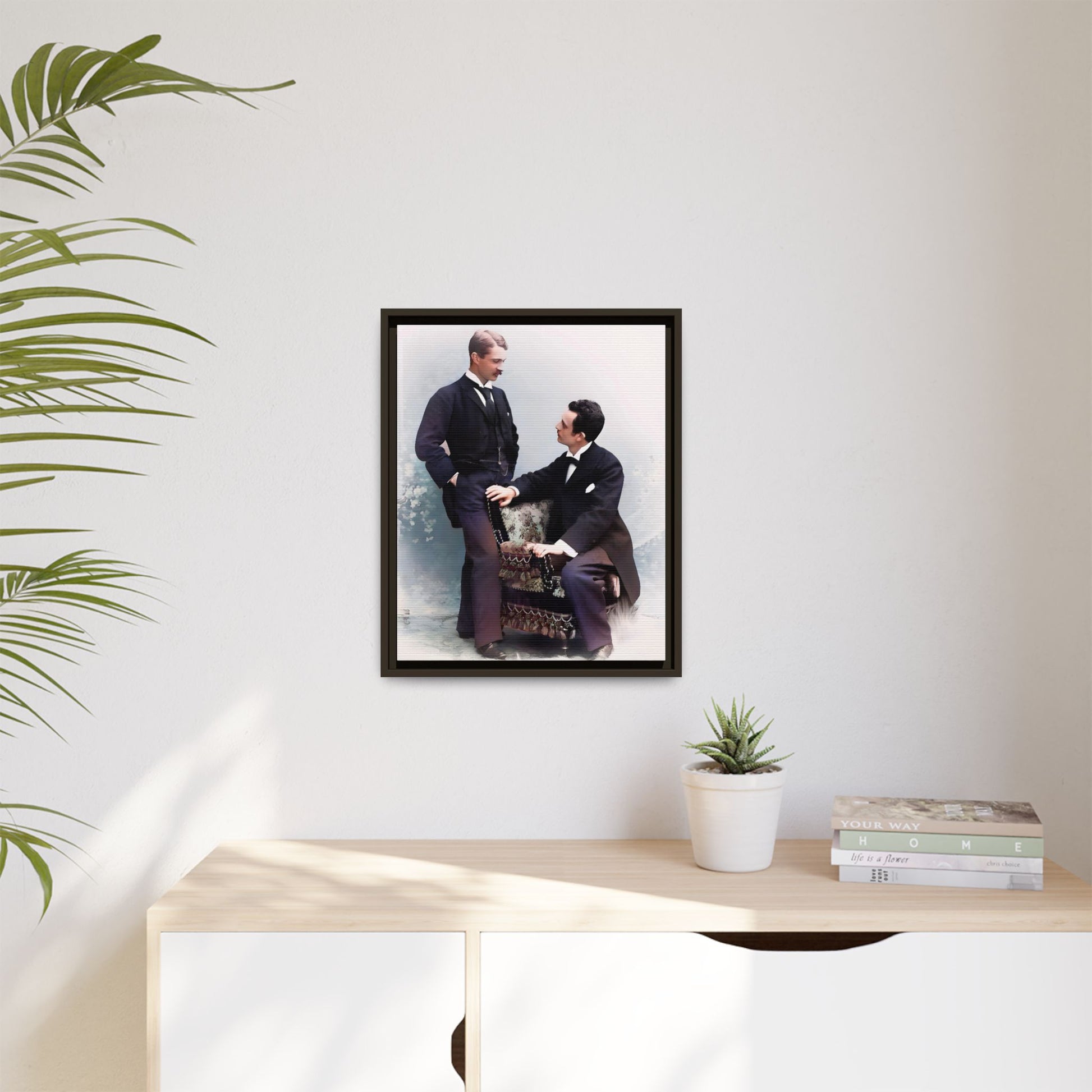 A beautifully restored vintage portrait of Ernest & Richard in Wilmington, North Carolina, exuding elegance and deep connection. Dressed in refined suits, their poised expressions capture a timeless LGBTQ+ love story, making this framed matte canvas print a stunning historical art piece for collectors and enthusiasts.
