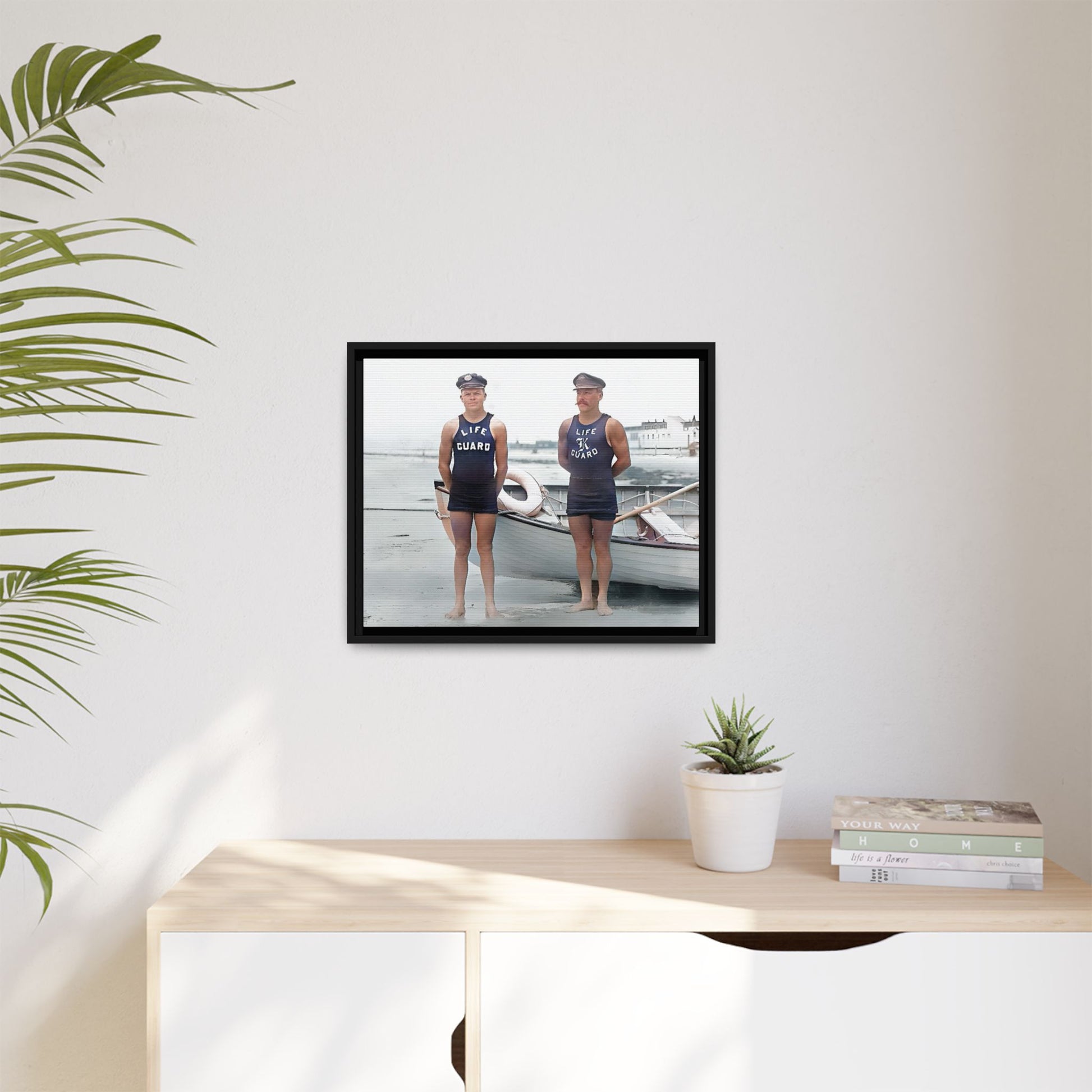 A nostalgic framed canvas print of vintage lifeguards in Cape May, NJ. This coastal artwork captures the charm of early 20th-century beach life, making it perfect for lovers of maritime history, seaside decor, and Americana enthusiasts.