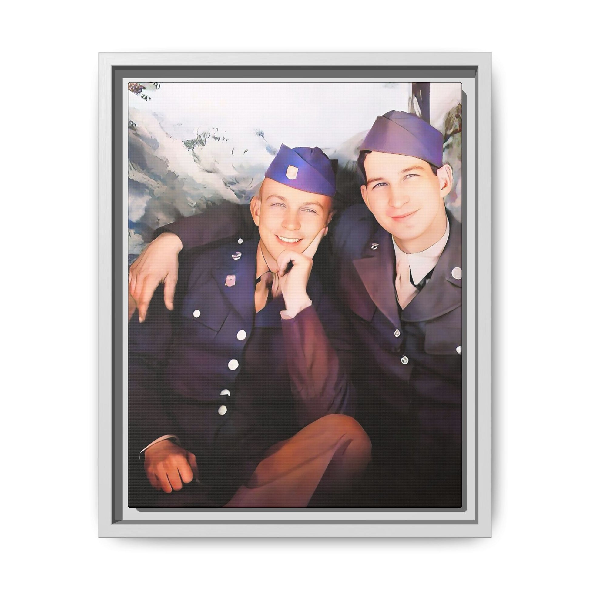A restored vintage portrait of Willie & Louis at Metro-North Railroad in Harlem, New York. This framed matte canvas celebrates LGBTQ+ history, African American heritage, and timeless love. Gay Couple Love
