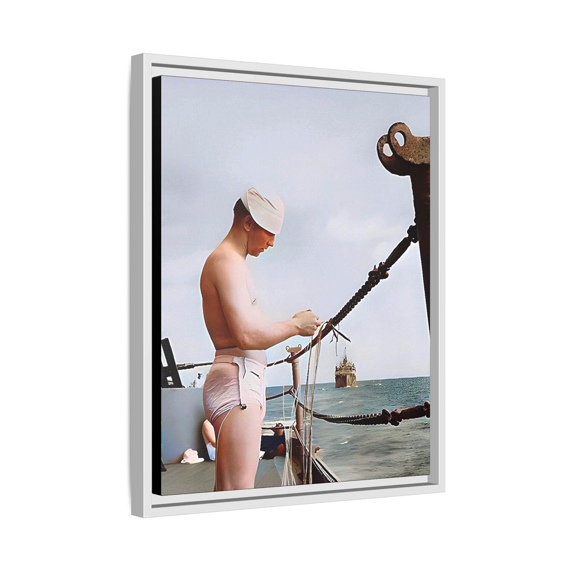 A framed vintage naval portrait on matte canvas featuring a sailor aboard the USS Iowa, honoring maritime history and dedication.