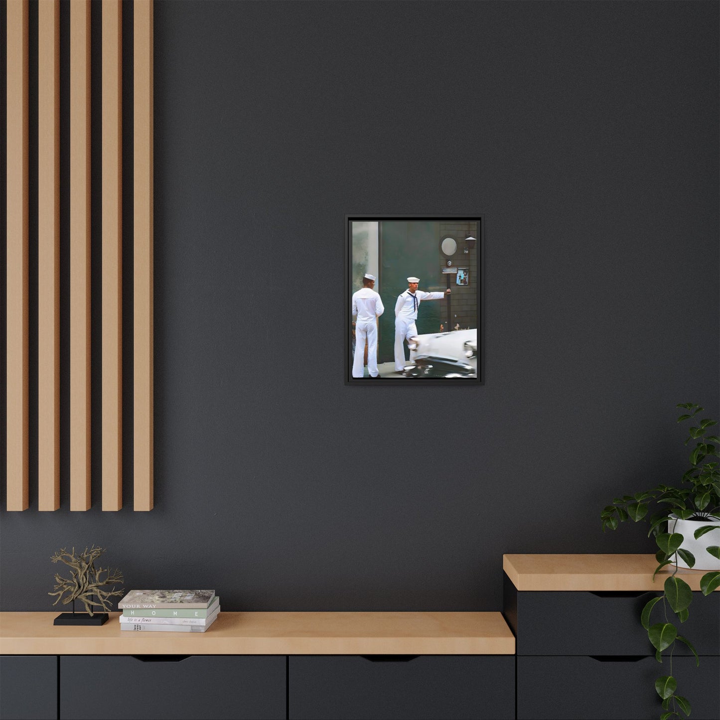 A restored vintage portrait of two sailors in Boystown, Northalsted, Chicago. This framed matte canvas celebrates LGBTQ+ history, urban charm, and community pride.