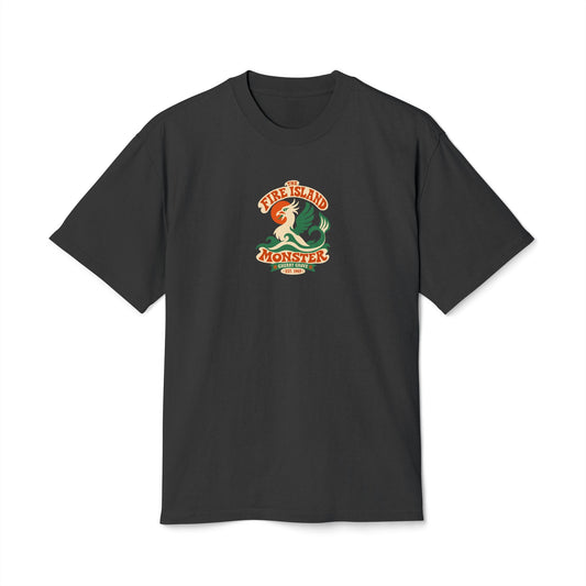 Front of the Fire Island Monster Cherry Grove T-shirt featuring an original 1969-style sea-griffin emblem in green, cream and burnt orange