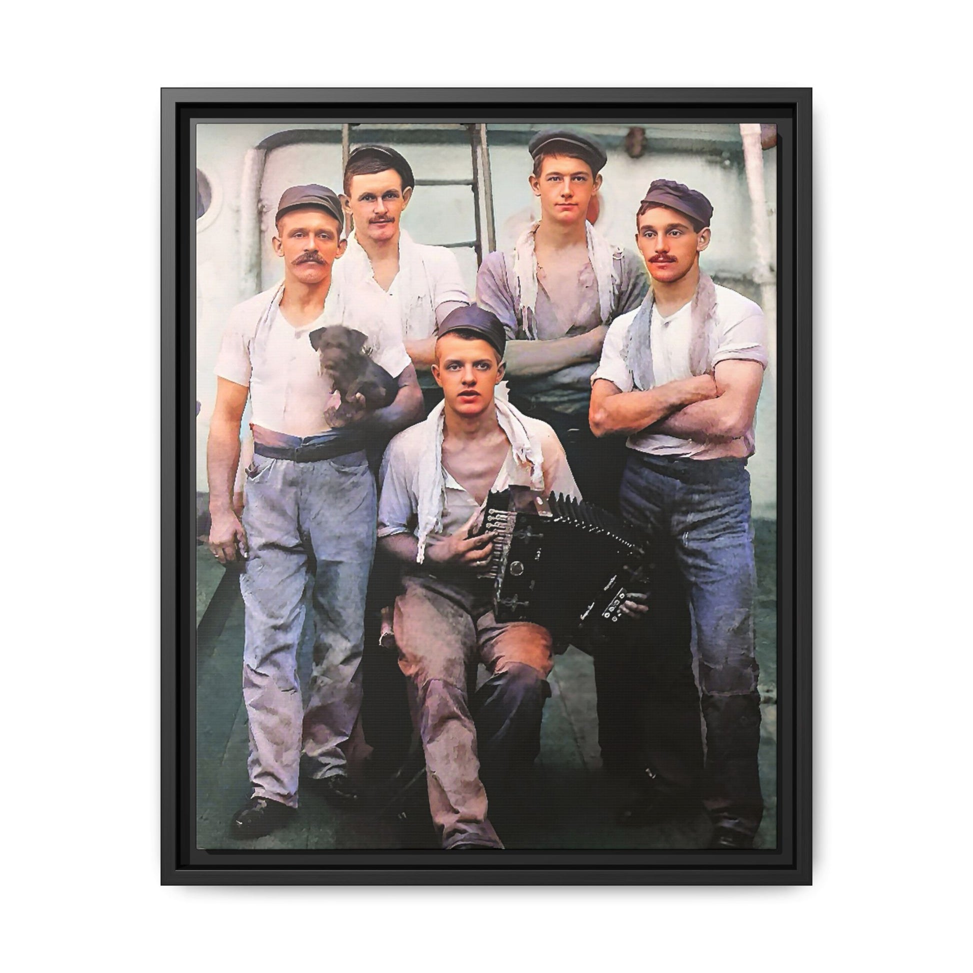 A vintage maritime photograph printed on matte canvas, featuring sailors aboard the Waimarino Cargo Ship, highlighting companionship, tradition, and the spirit of life at sea.