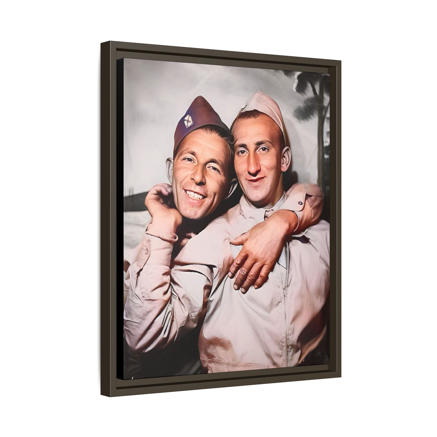 A framed vintage photo on matte canvas featuring a heartfelt portrait of a military couple at Fort Jackson, South Carolina, celebrating love and resilience in history.