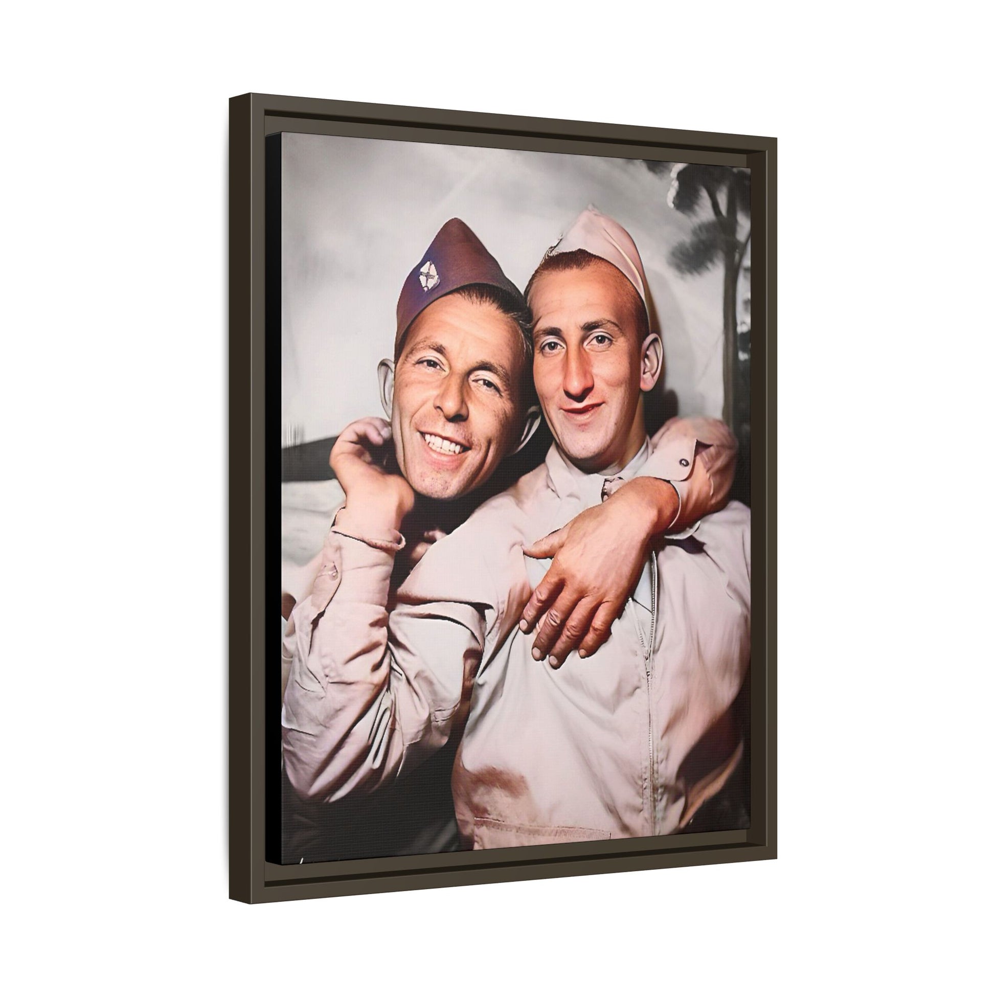 A framed vintage photo on matte canvas featuring a heartfelt portrait of a military couple at Fort Jackson, South Carolina, celebrating love and resilience in history.