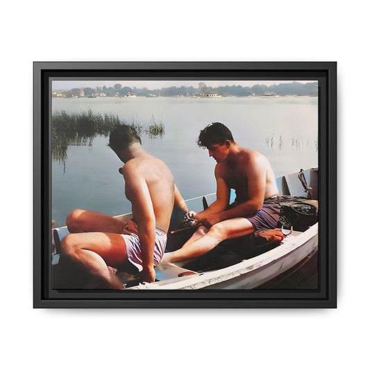 A restored vintage photo of Ned & Marty in a boat at Cape May, New Jersey. This framed matte canvas captures a serene LGBTQ+ love story, offering a nostalgic and timeless nautical scene perfect for collectors and history enthusiasts. Gay Couple
