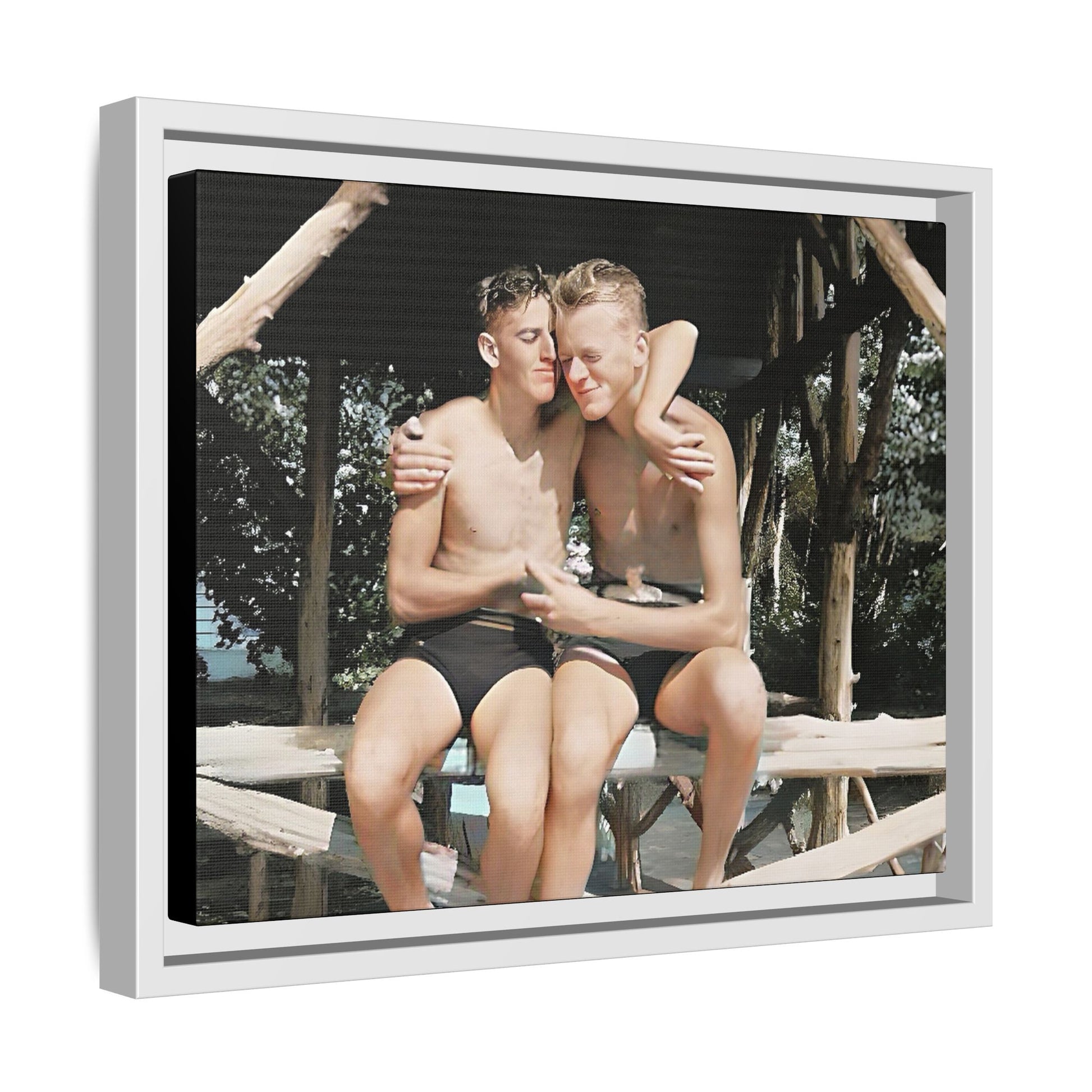 A vintage-inspired framed canvas print featuring Joseph and Billy at Kahena Beach, Hawaii. Their intimate moment under a sunlit pergola captures the warmth of love, freedom, and tropical serenity—perfect for coastal, LGBTQ+, and romantic home decor.