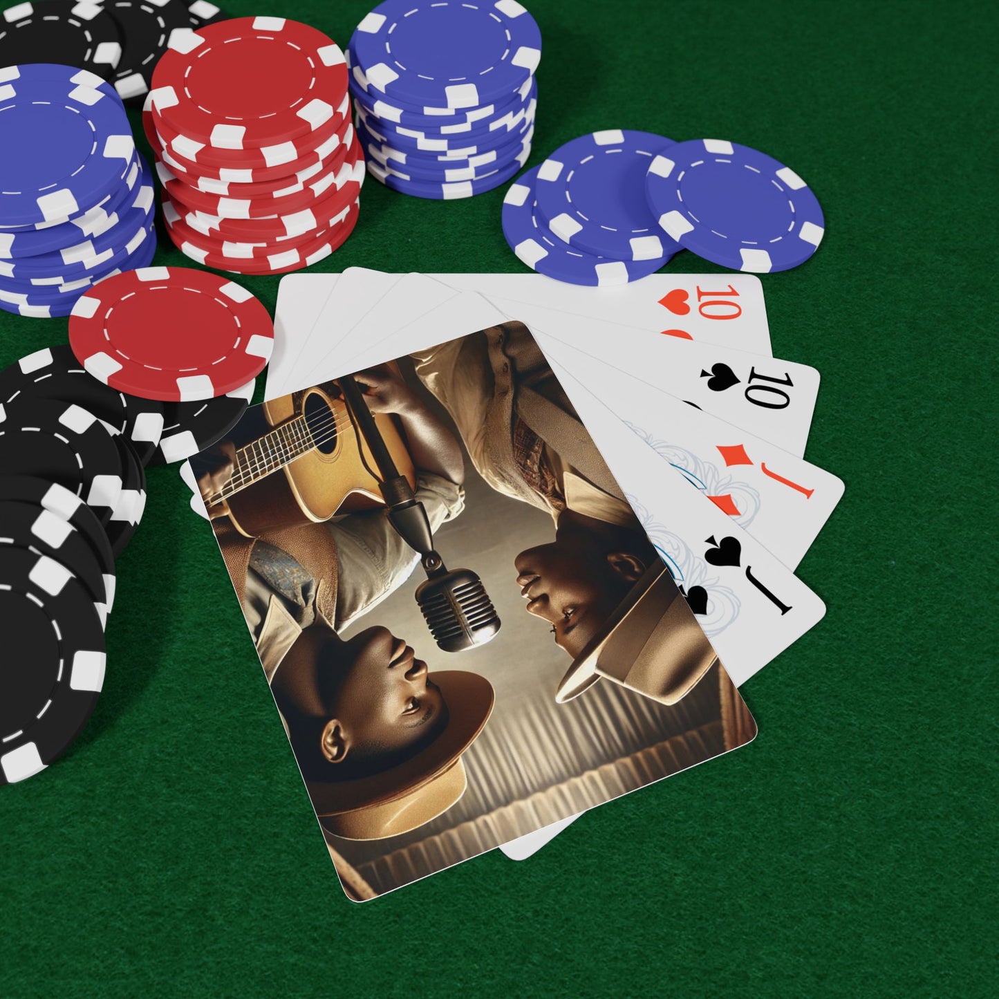 Vintage-style poker deck featuring two Black musicians sharing a microphone, dressed in classic jazz-era suits, celebrating queer love and music history. Black Love