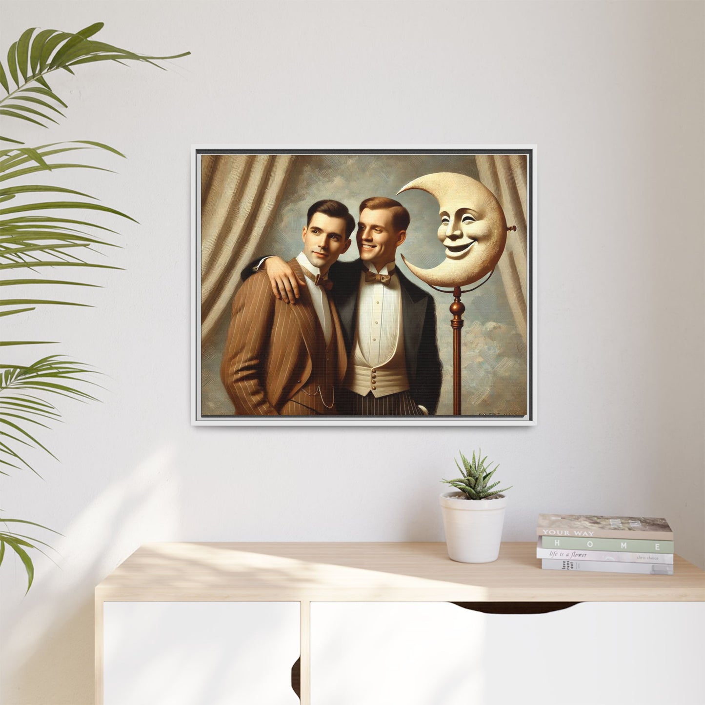 Framed matte canvas artwork of two men in vintage tuxedos standing beside a crescent moon prop. This piece reclaims LGBTQ+ representation lost to bias and honors everyday moments of affection and connection once absent from historical archives.