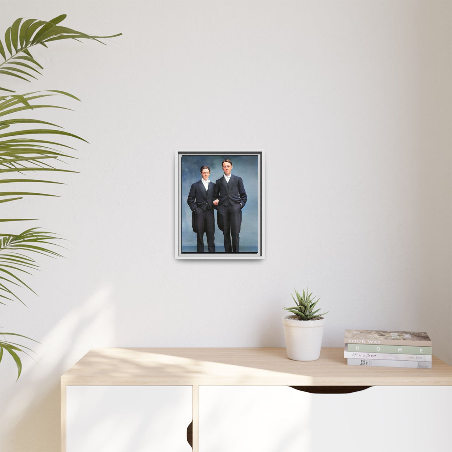 A framed vintage photo on matte canvas featuring a sophisticated LGBTQ+ couple in Rumson, NJ, capturing elegance and timeless love. Gay Formal Prom