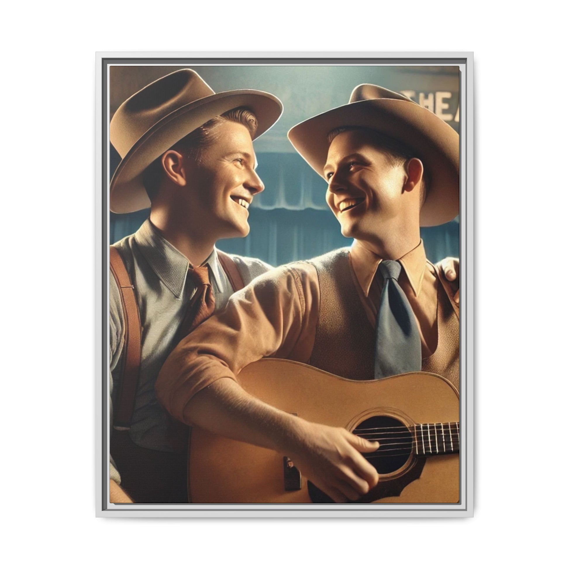 Artwork of a gay couple recording a country-western song in a 1930s-style studio. Dressed in classic Western attire with wide-brimmed hats and button-up shirts, the two men share an affectionate gaze, capturing love and unity in a nostalgic, vintage setting.