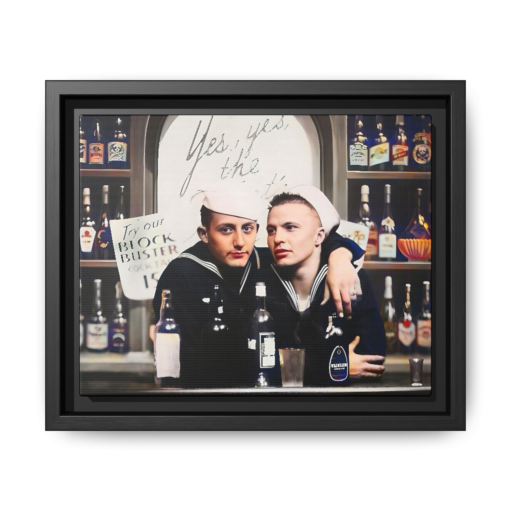 A restored vintage photo of Matt & Cory at Naval Air Station Alameda, CA. This framed matte canvas print captures camaraderie, LGBTQ+ history, and the spirit of military service, making it a unique and nostalgic keepsake for history lovers. Gay Couple Sailors