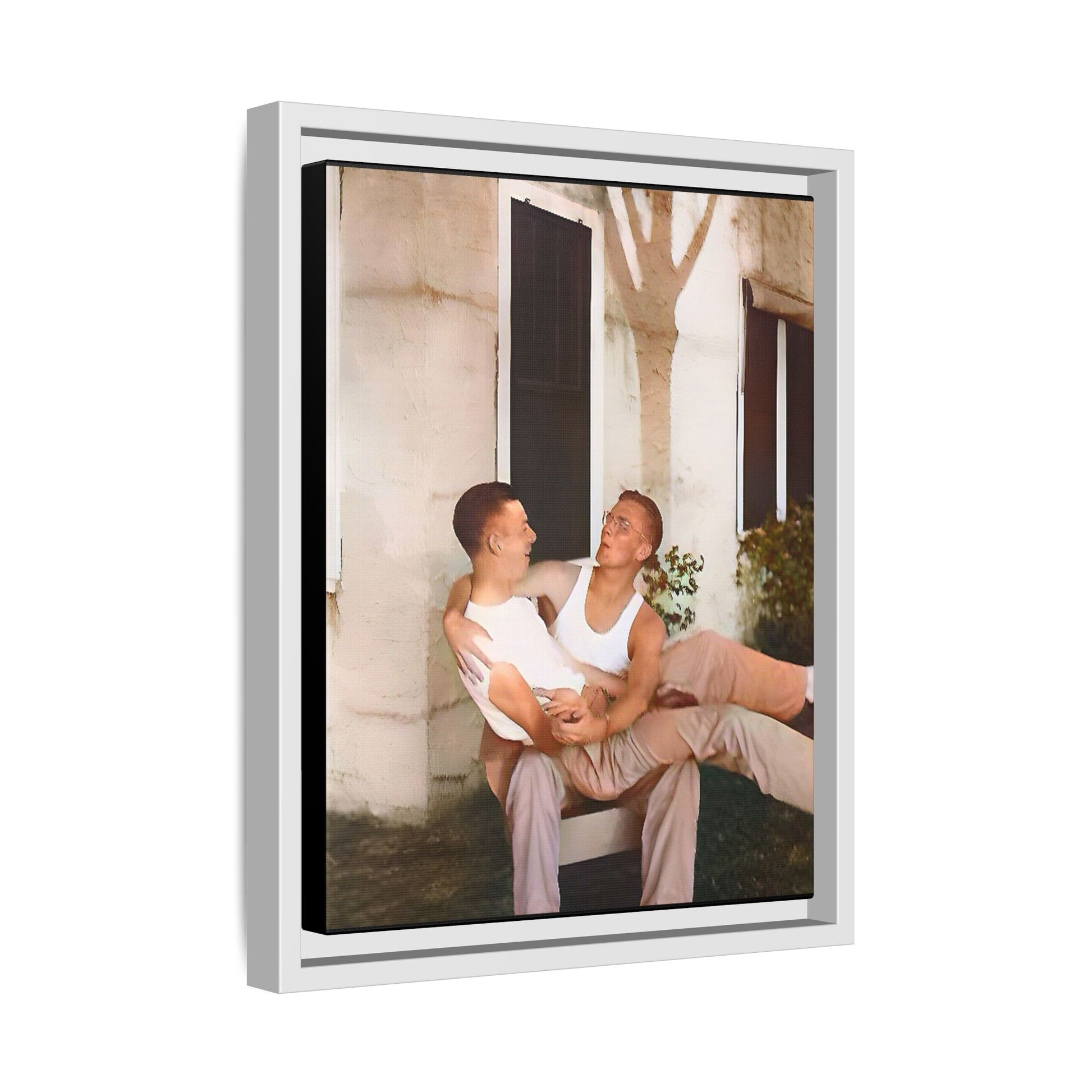 A vintage photograph of Donald and Joseph, two men embracing with joy in 1930s New Orleans. Captured in warm sunlight against a rustic Louisiana home, this intimate portrait celebrates LGBTQ+ history, love, and the beauty of unspoken connection. Gay Couple