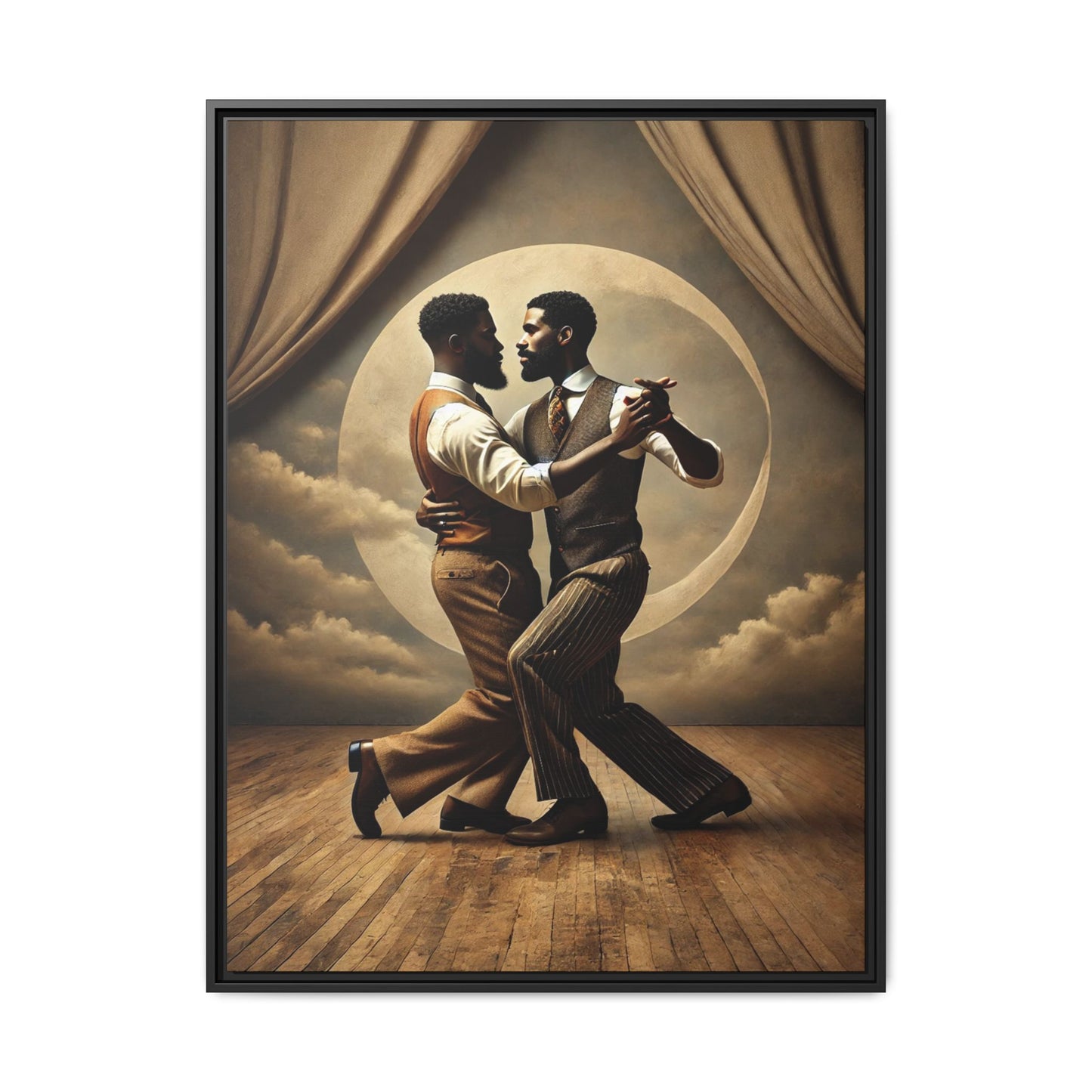 Original artwork of two Black men ballroom dancing in vintage 1920s suits under a glowing moon backdrop. A romantic and powerful tribute to queer love and Black history that reclaims moments lost to systemic bias and cultural erasure.