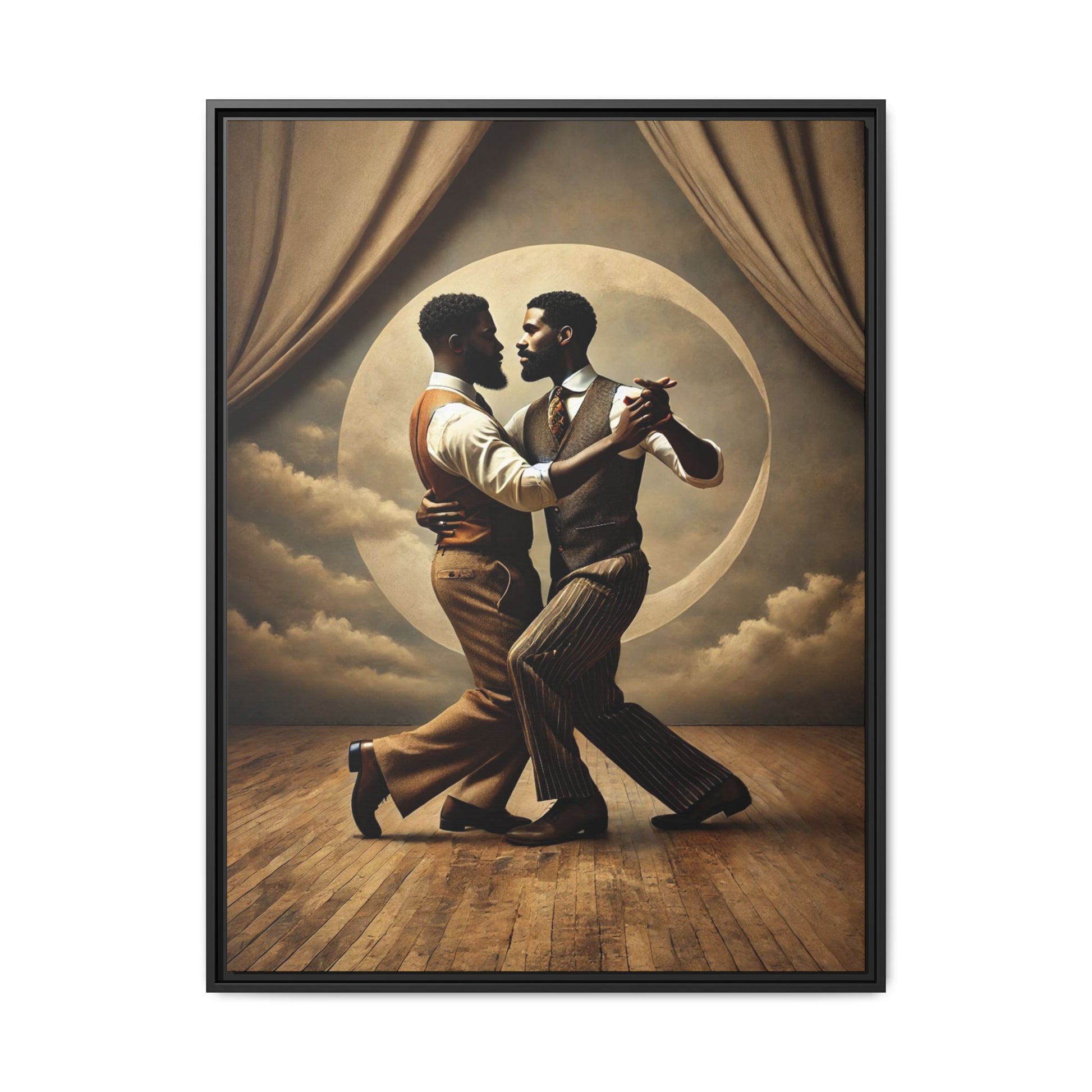 Original artwork of two Black men ballroom dancing in vintage 1920s suits under a glowing moon backdrop. A romantic and powerful tribute to queer love and Black history that reclaims moments lost to systemic bias and cultural erasure.
