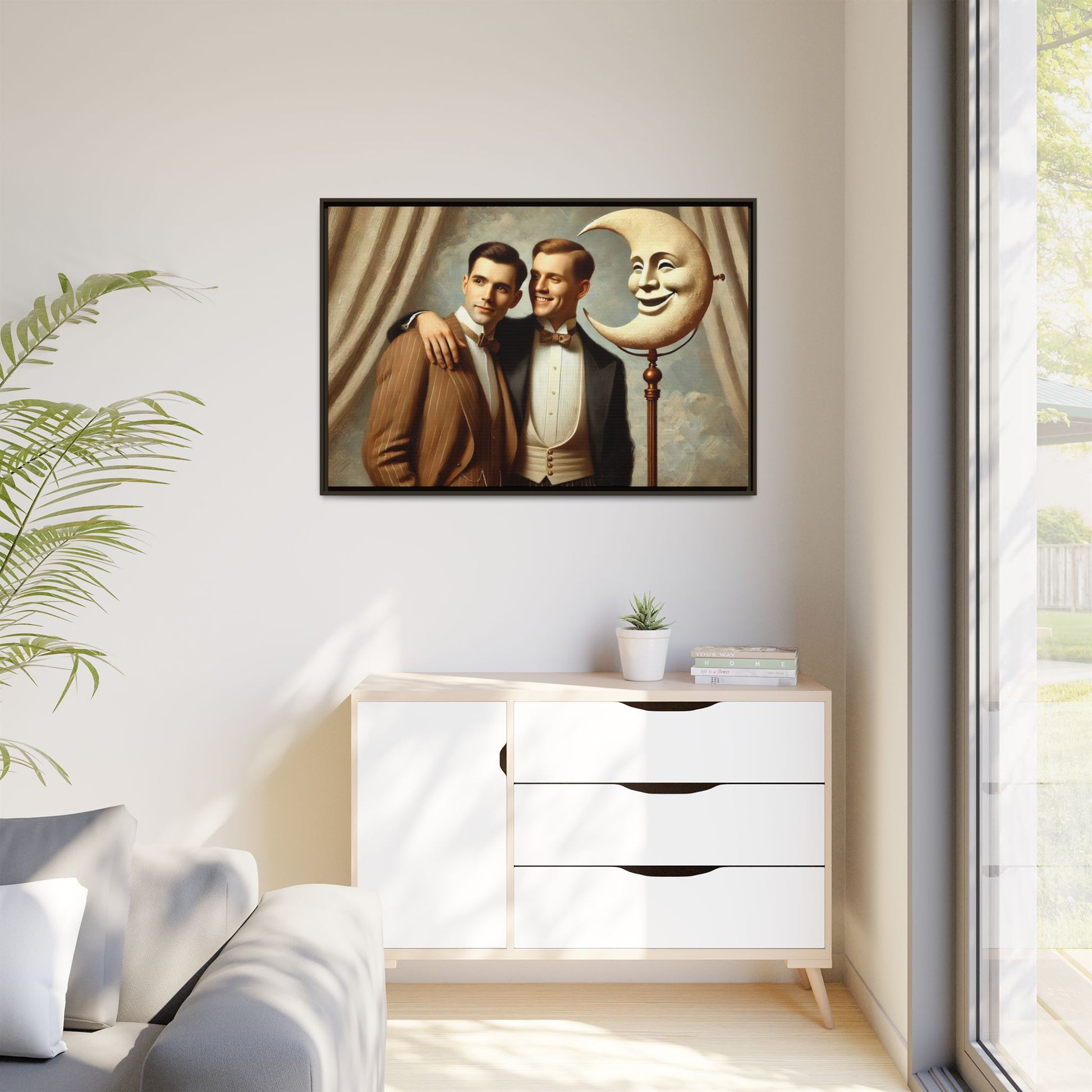 Framed matte canvas artwork of two men in vintage tuxedos standing beside a crescent moon prop. This piece reclaims LGBTQ+ representation lost to bias and honors everyday moments of affection and connection once absent from historical archives.
