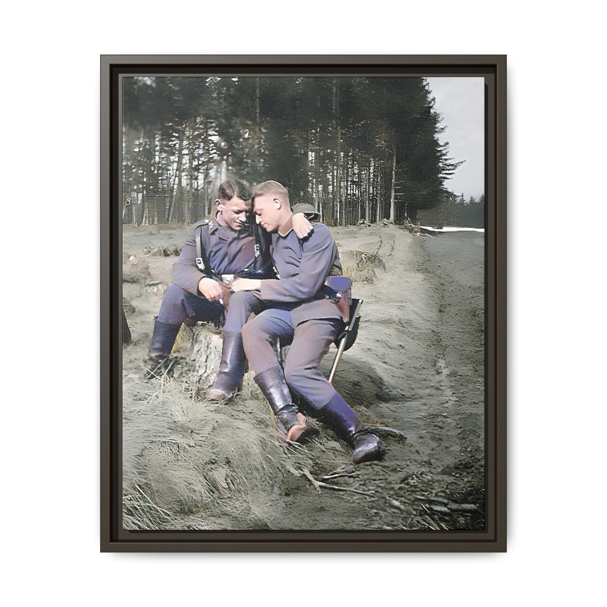 A beautifully restored WWI-era photograph featuring Felix and Engel, two soldiers seated closely on a tree stump in Verdun, France. Dressed in military uniforms with rugged boots, their affectionate expressions and serene forest backdrop capture a rare and intimate moment of connection and resilience during wartime. Vintage Foto Schwules Paar