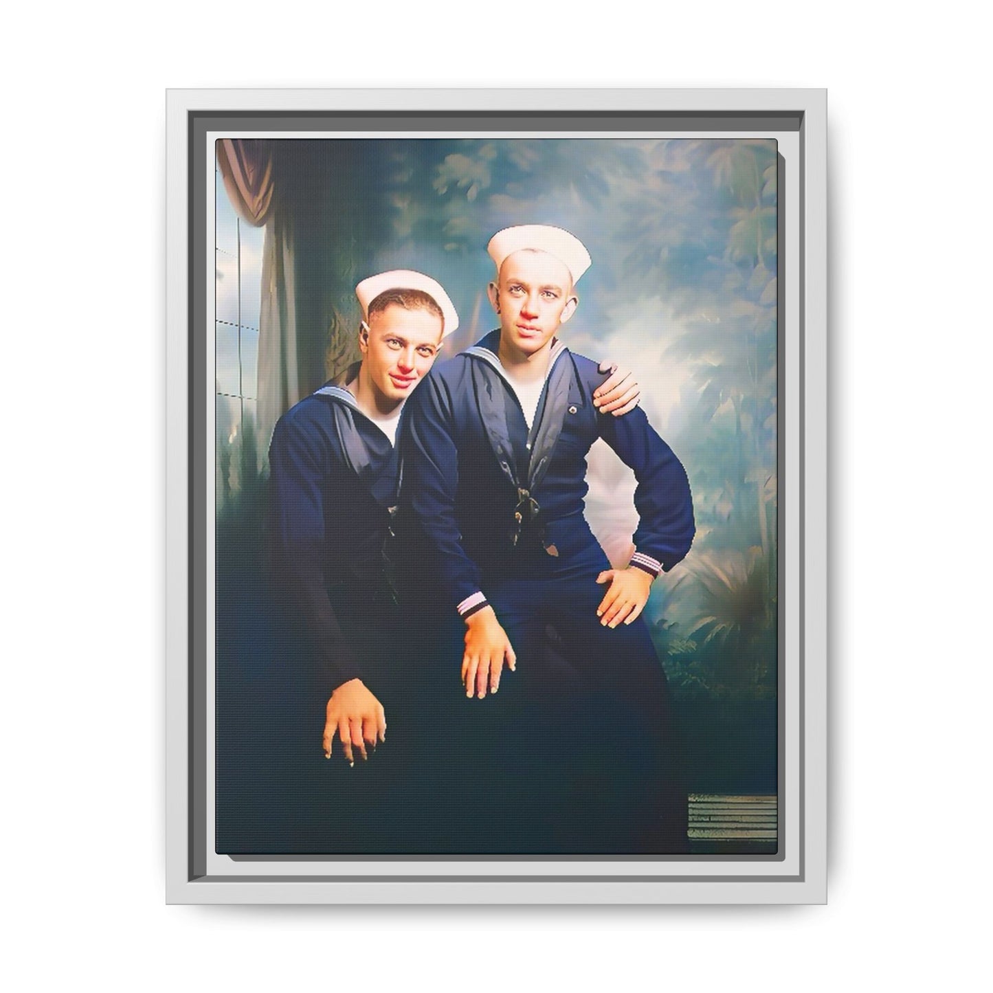 A restored vintage naval portrait of Thomas & Ervin at Naval Station Newport, Rhode Island. This framed matte canvas honors LGBTQ+ history, military service, and timeless camaraderie. Gay Couple