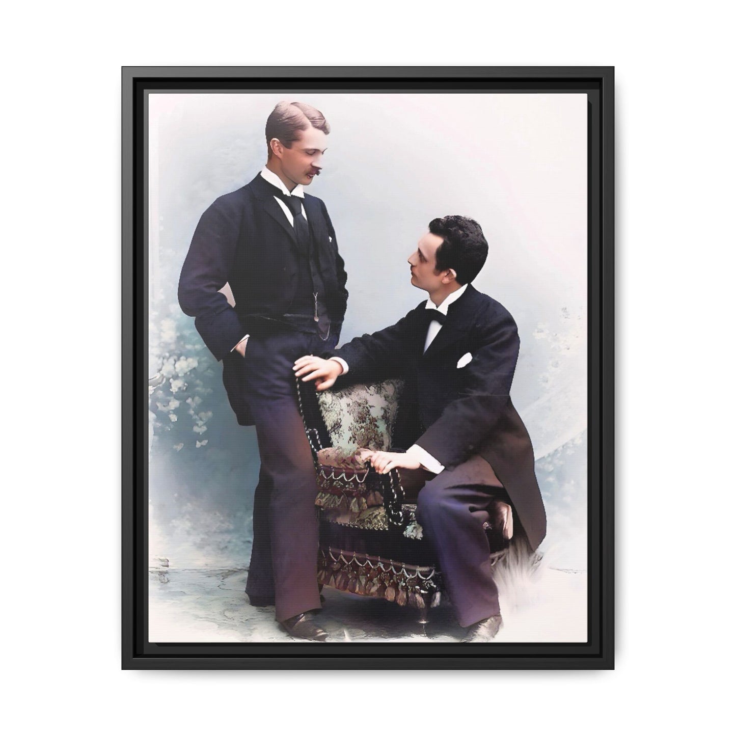 A beautifully restored vintage portrait of Ernest & Richard in Wilmington, North Carolina, exuding elegance and deep connection. Dressed in refined suits, their poised expressions capture a timeless LGBTQ+ love story, making this framed matte canvas print a stunning historical art piece for collectors and enthusiasts.