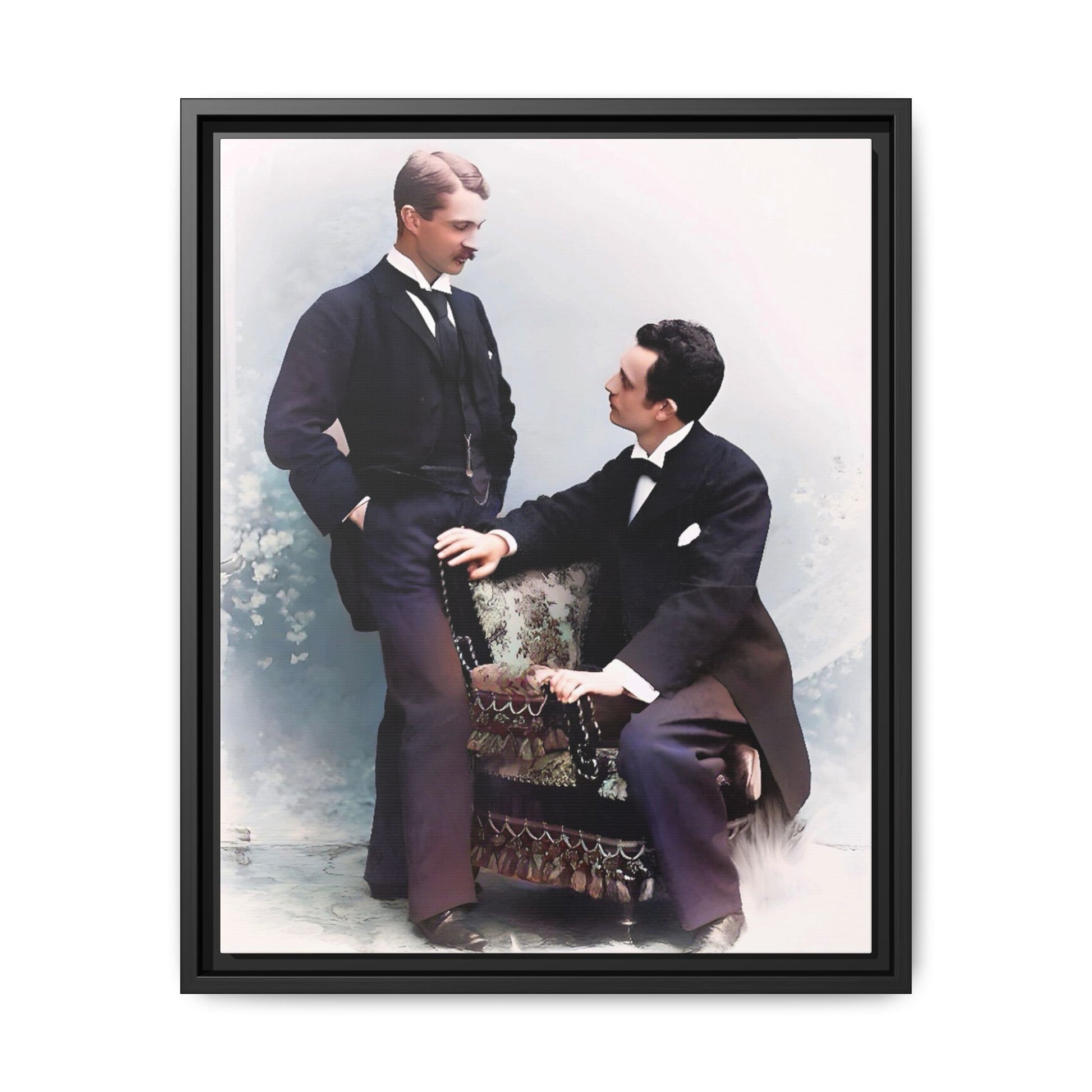 A beautifully restored vintage portrait of Ernest & Richard in Wilmington, North Carolina, exuding elegance and deep connection. Dressed in refined suits, their poised expressions capture a timeless LGBTQ+ love story, making this framed matte canvas print a stunning historical art piece for collectors and enthusiasts.