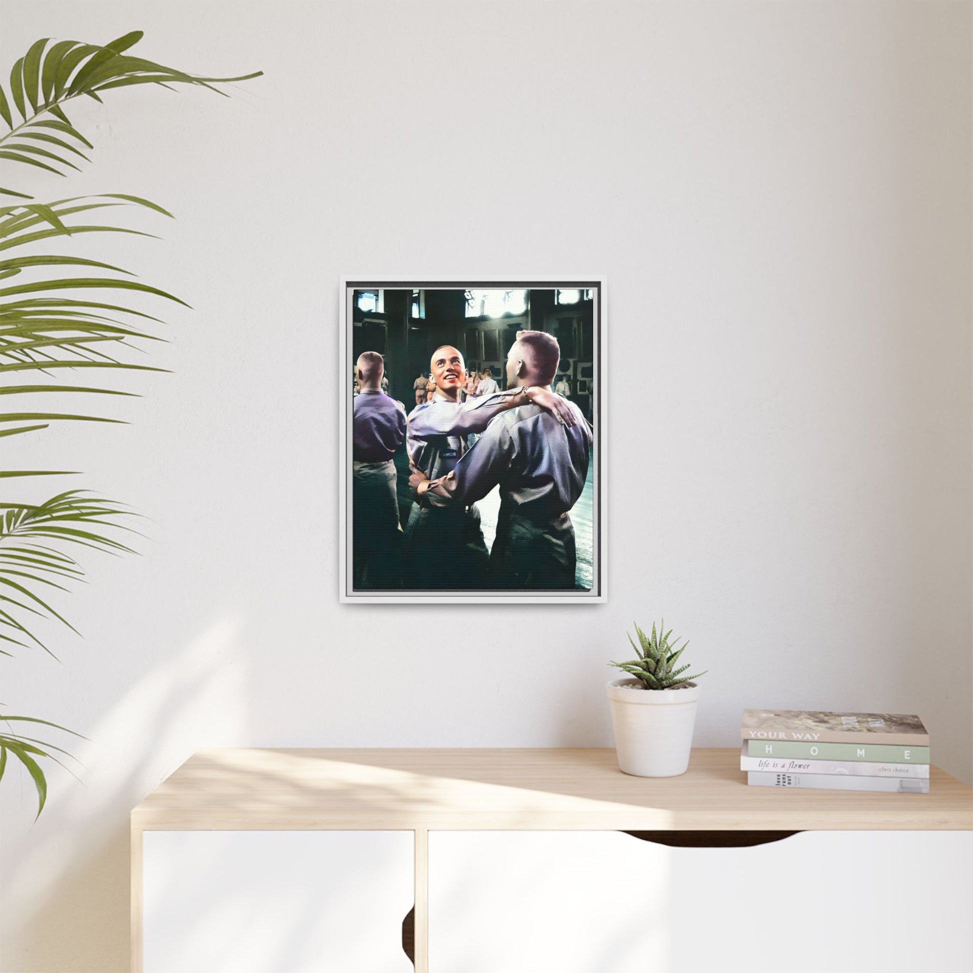 Restored mid-20th century photo of two men dancing at a USO event in Fort Belvoir, celebrating LGBTQ+ love and resilience, framed as wall décor Gay Couple