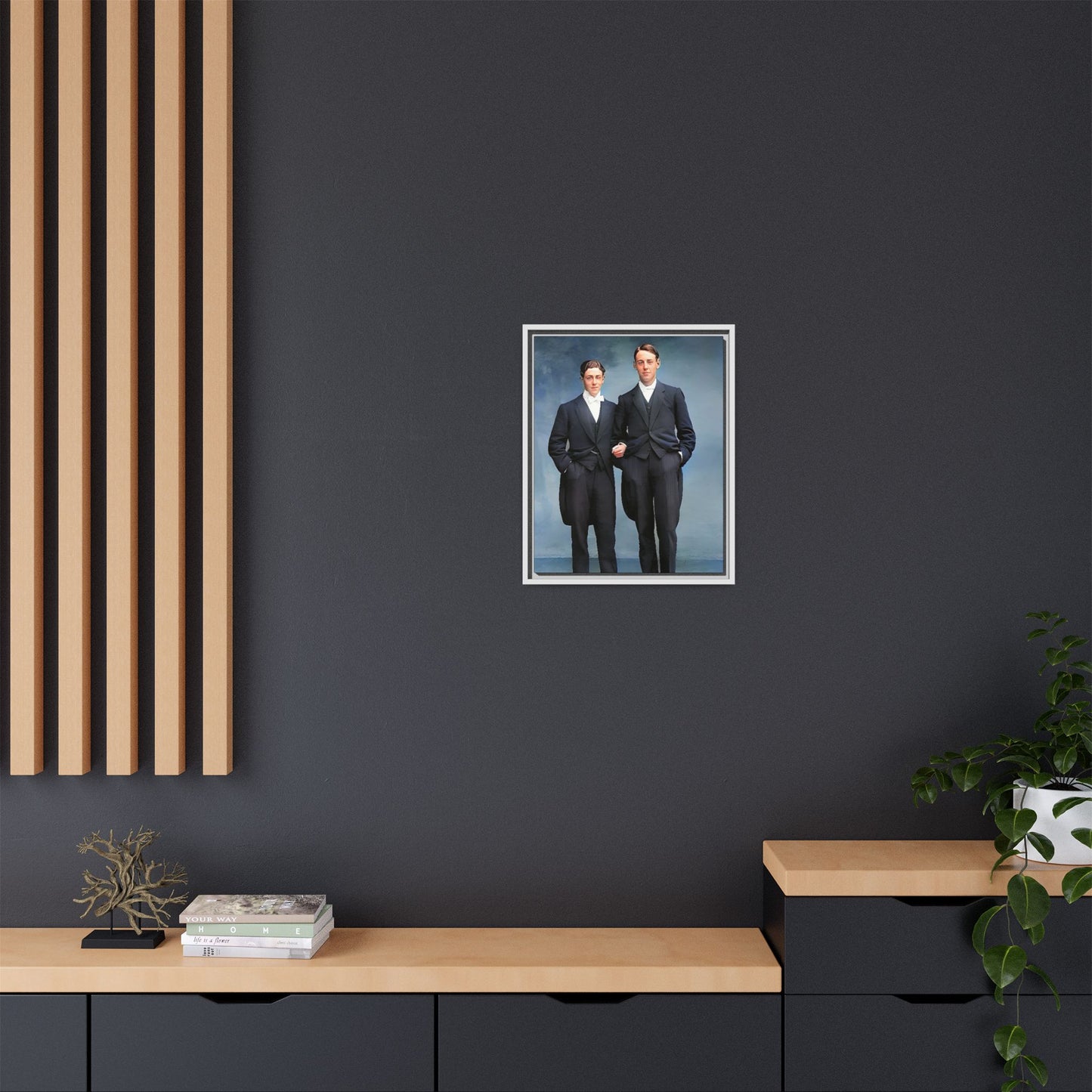 A framed vintage photo on matte canvas featuring a sophisticated LGBTQ+ couple in Rumson, NJ, capturing elegance and timeless love. Gay Formal Prom