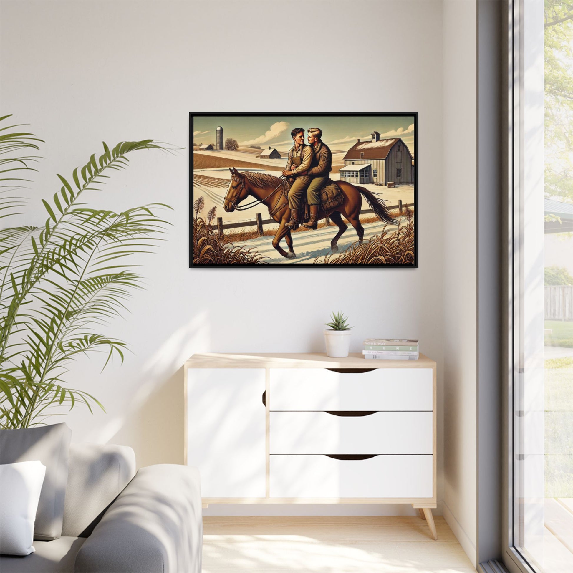 Artwork of a gay couple sharing a tender moment while seated together on a single horse in a snowy, rural Midwestern landscape. Dressed in early 20th-century attire, the men gaze at each other warmly, capturing love, resilience, and companionship in a serene 1930s-inspired American scene