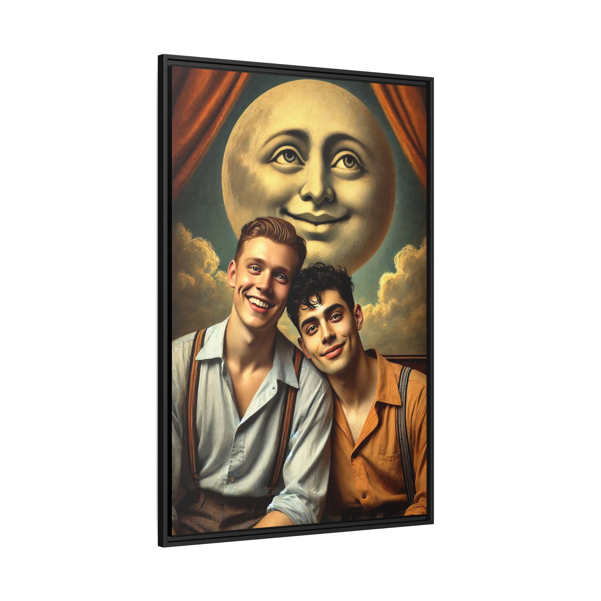 Framed artwork featuring a joyful queer couple in 1930s attire, seated close together beneath a smiling full moon in a theatrical studio setting. A celebration of reclaimed LGBTQ+ narratives in nostalgic portraiture.