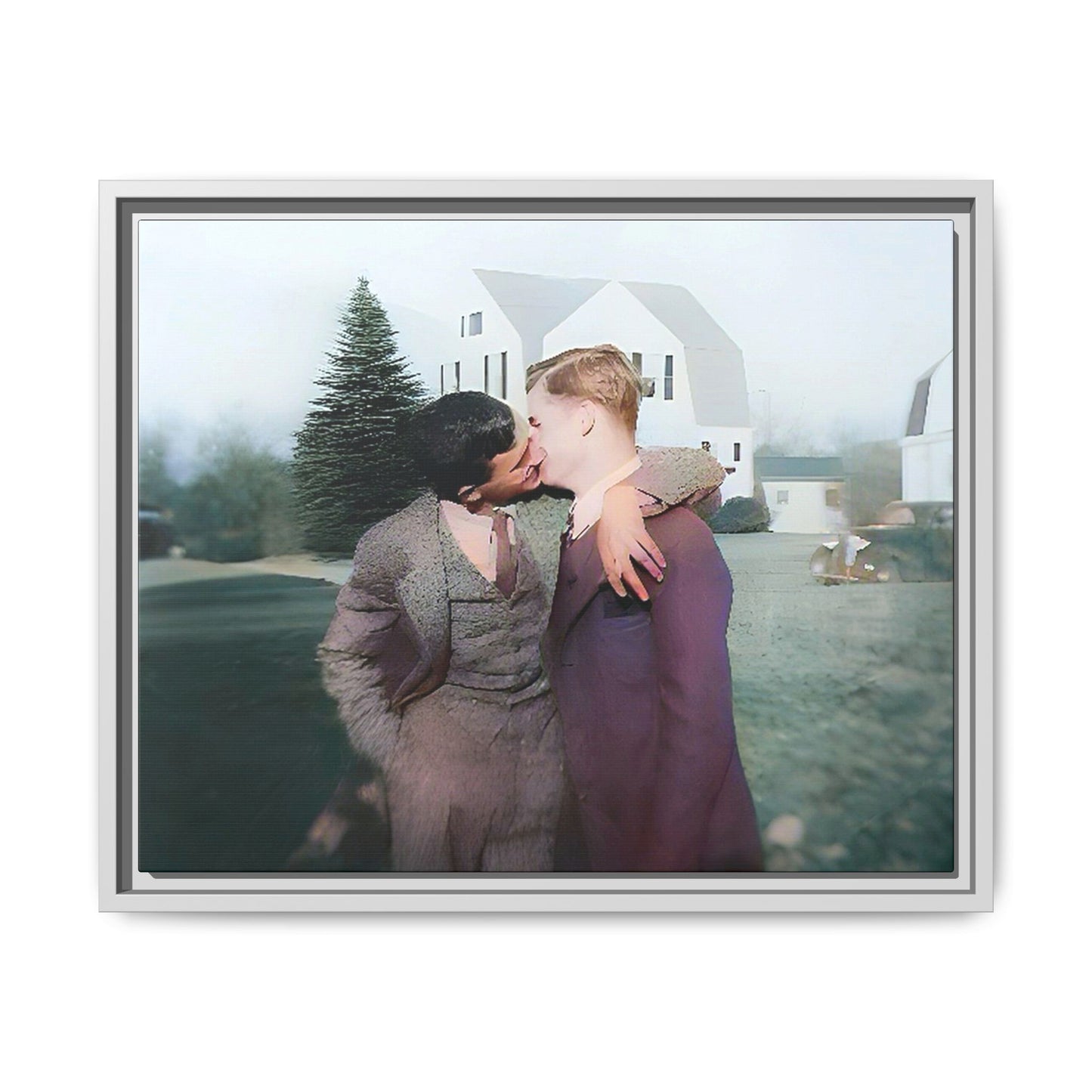 A vintage LGBTQ+ portrait of Milton & Shawn in Londonderry, NH. This framed matte canvas captures a timeless moment of love and resilience, making it a perfect piece for collectors, history enthusiasts, and those celebrating love in all forms. Gay Couple Art