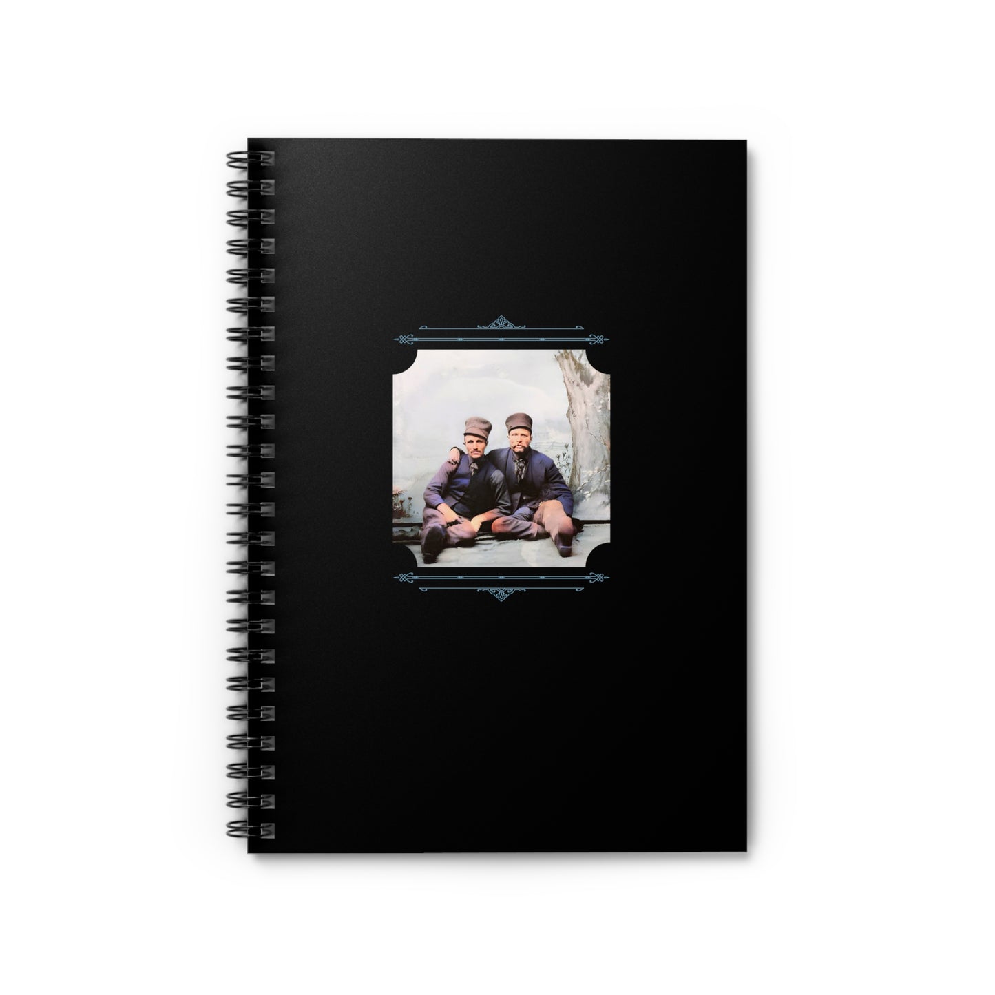 Spiral notebook with a vintage Dutch portrait photo of two men seated in uniform, early 1900s style.