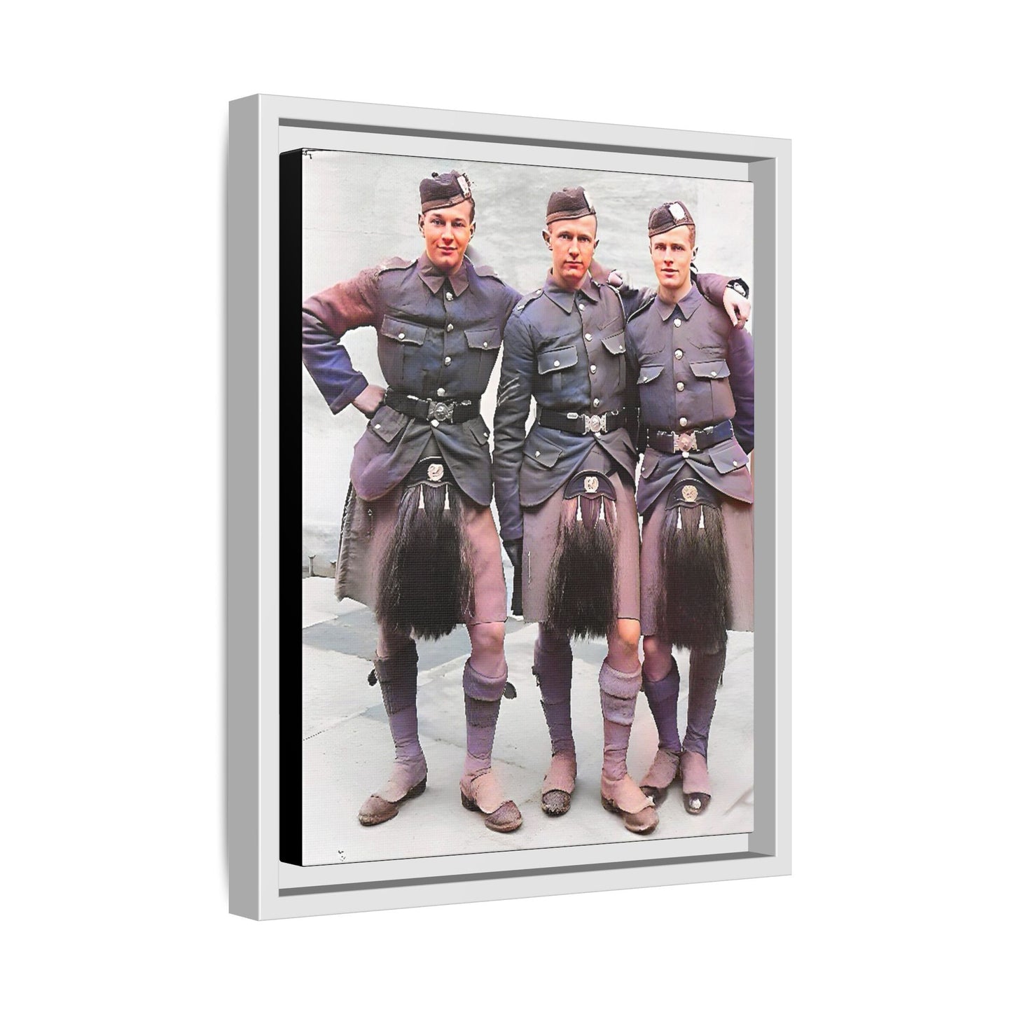 A restored vintage portrait of Gordon Highlanders in Glasgow, Scotland. This framed matte canvas honors Scottish military history, tradition, and unity.