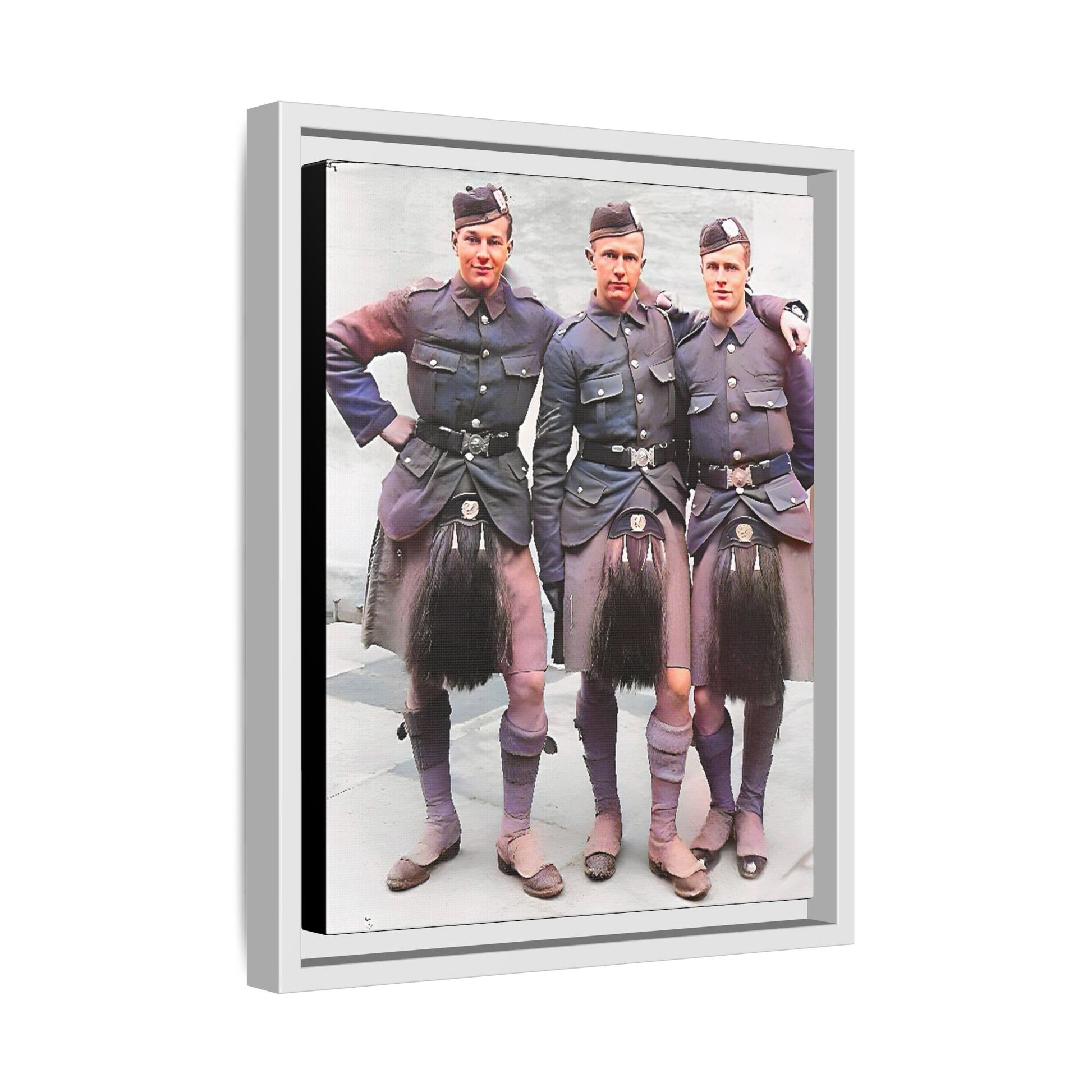 A restored vintage portrait of Gordon Highlanders in Glasgow, Scotland. This framed matte canvas honors Scottish military history, tradition, and unity.
