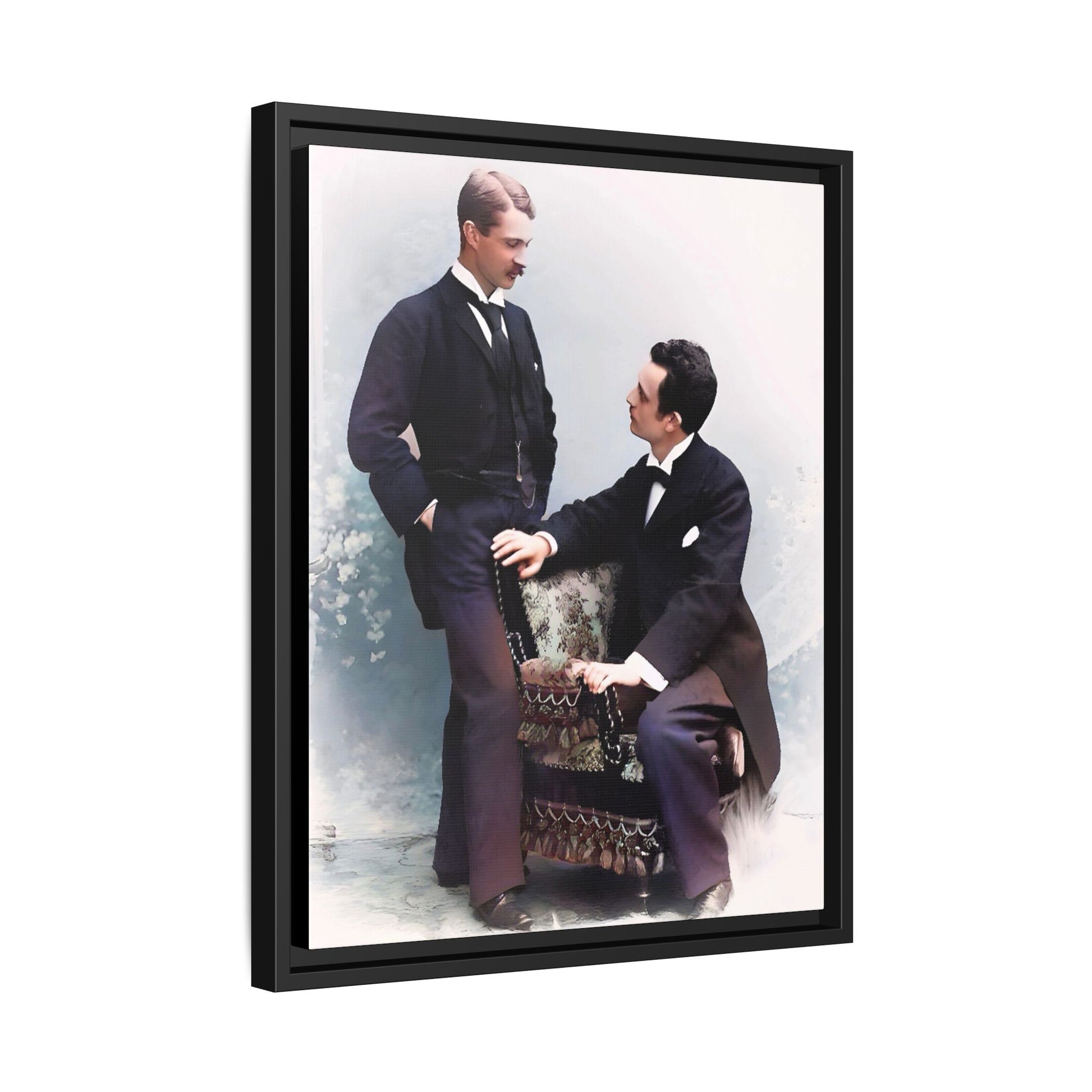 A beautifully restored vintage portrait of Ernest & Richard in Wilmington, North Carolina, exuding elegance and deep connection. Dressed in refined suits, their poised expressions capture a timeless LGBTQ+ love story, making this framed matte canvas print a stunning historical art piece for collectors and enthusiasts.
