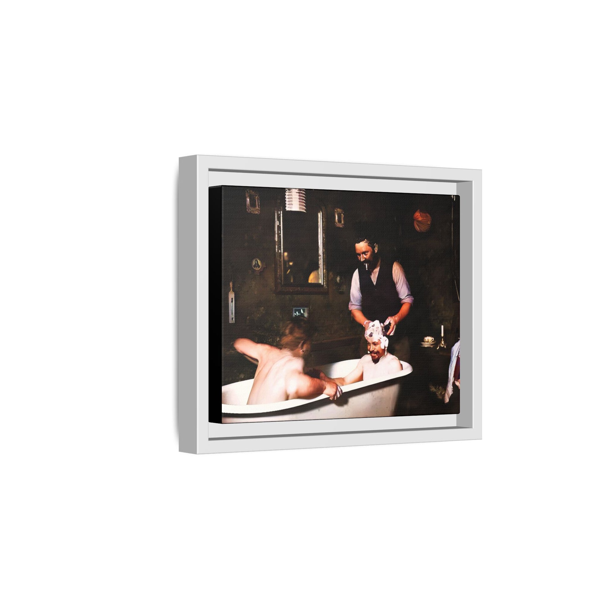 Restored vintage photo of camaraderie at Walsh Depot, Battle Mountain, NV, featuring a clawfoot tub, and framed canvas art. Naked Men in the bathtub. Gay Bears