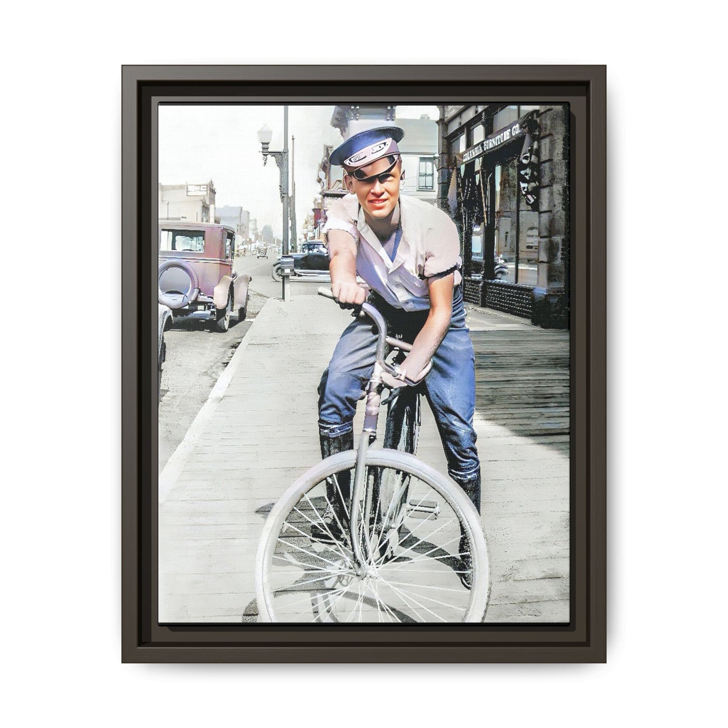 A framed vintage portrait on matte canvas featuring Cecil in Elk City, Oklahoma, capturing the spirit of 1930s small-town Americana. Classic Bicycle Photo