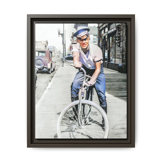 A framed vintage portrait on matte canvas featuring Cecil in Elk City, Oklahoma, capturing the spirit of 1930s small-town Americana. Classic Bicycle Photo