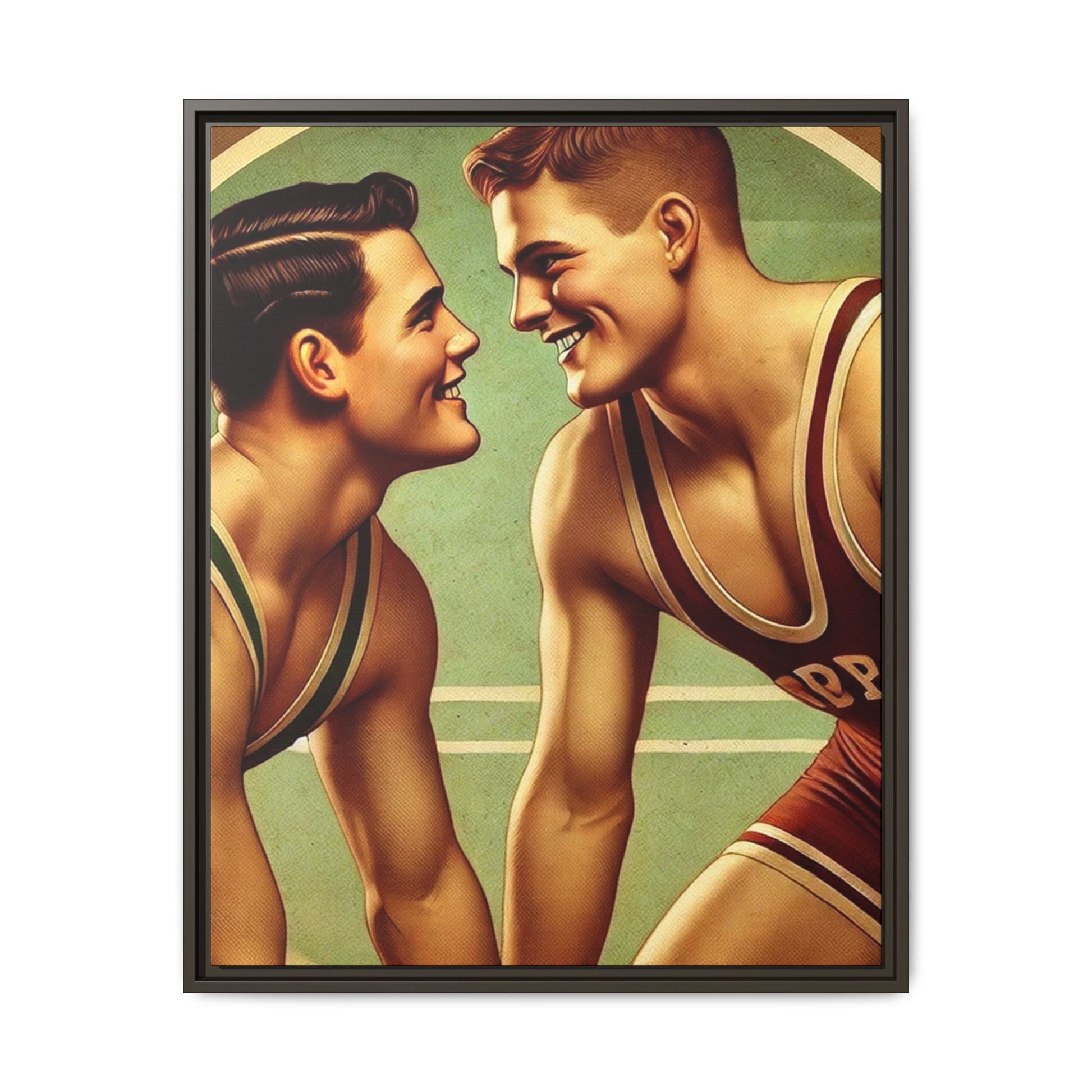 Framed artwork of two young wrestlers in vintage singlets on a stylized mat, inspired by Grant Wood's nostalgic Americana style.