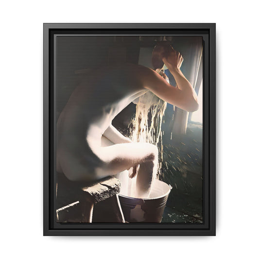 Restored early 20th-century photo of Roy during a rustic bathing ritual in Rock Springs, Wyoming, framed as wall décor celebrating simplicity and renewal.