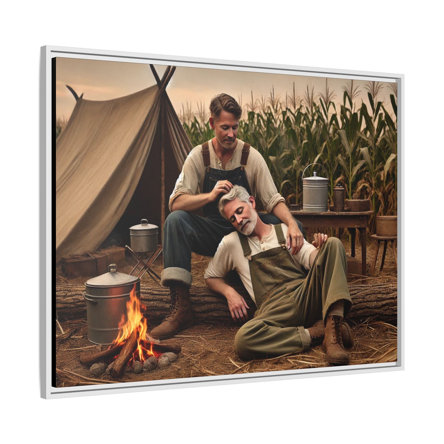 Older queer couple sharing a tender moment by the campfire, celebrating love