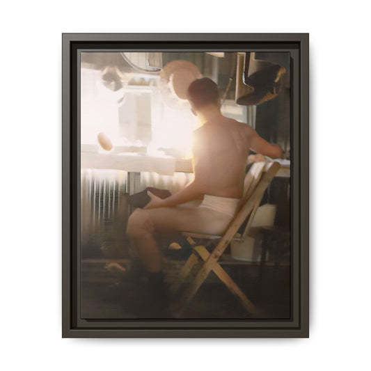 A vintage Hollywood portrait of Hugh in a backstage dressing room. This framed canvas print captures the elegance and mystique of old Hollywood, making it the perfect cinematic decor for film lovers and vintage photography collectors.