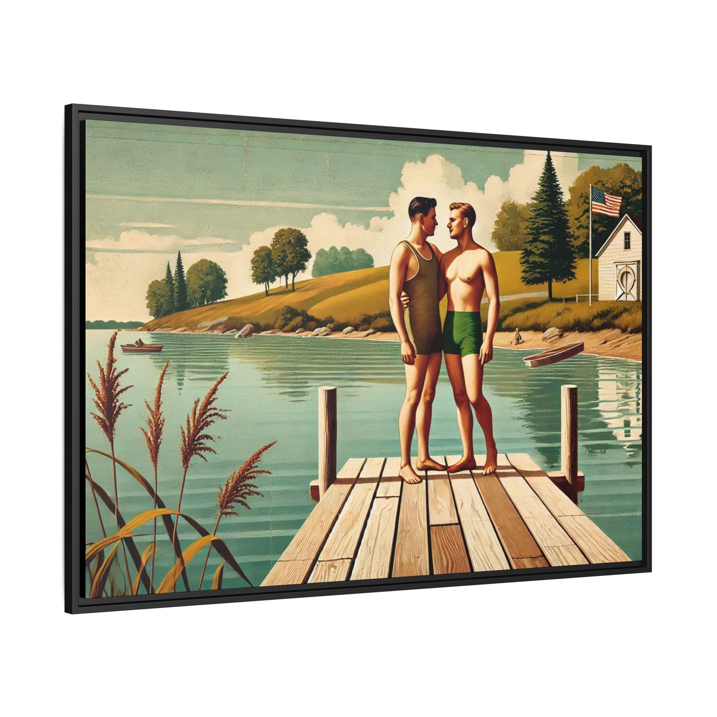 Framed artwork of a gay couple sharing a tender moment on a wooden dock by a peaceful lake, dressed in vintage swimwear. Set against rolling hills and a lakeside cabin, this nostalgic scene honors LGBTQ+ love in a serene Midwestern summer setting.