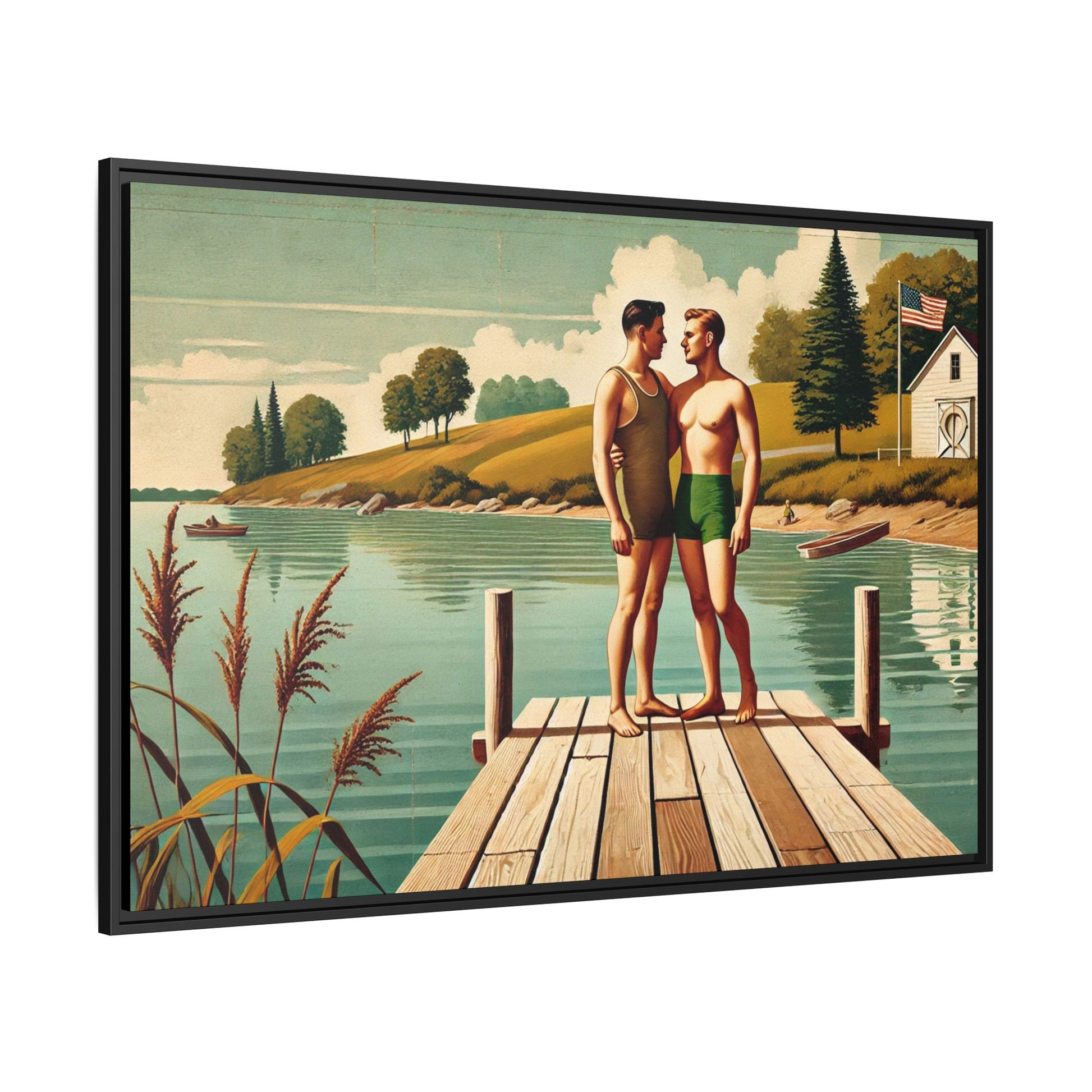 Framed artwork of a gay couple sharing a tender moment on a wooden dock by a peaceful lake, dressed in vintage swimwear. Set against rolling hills and a lakeside cabin, this nostalgic scene honors LGBTQ+ love in a serene Midwestern summer setting.