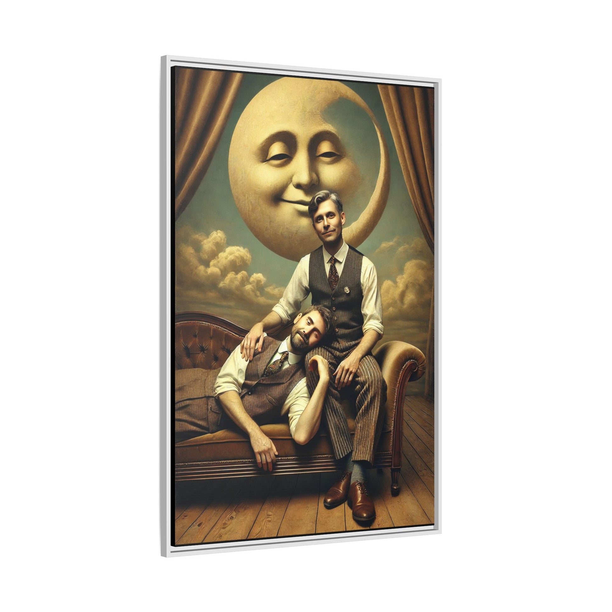Vintage-style artwork of two men in 1920s clothing sitting close, one resting his head on the other’s lap beneath a smiling moon. Surrounded by theatrical curtains and clouds, this original piece honors lost queer love and challenges historical erasure with tenderness and pride.
