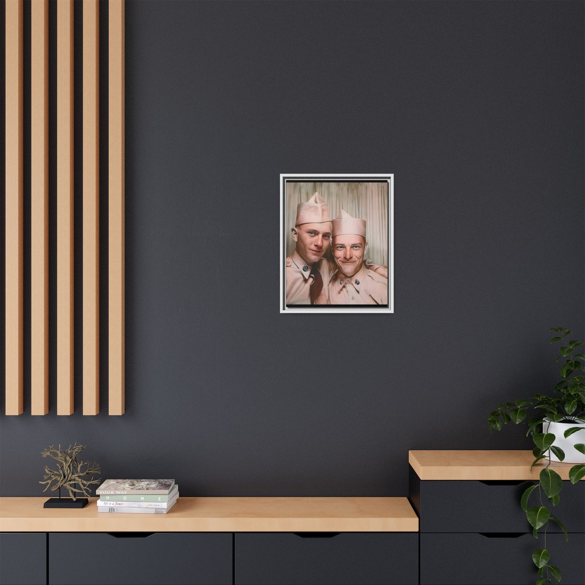 A framed vintage army portrait on matte canvas featuring two soldiers at Puget Sound Naval Shipyard, symbolizing friendship and service. Gay Couple Photo Booth
