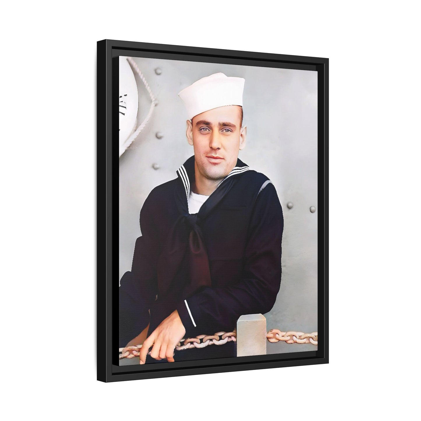 A restored vintage portrait of Francis aboard the USS Might. This framed matte canvas captures naval history, service, and timeless duty.