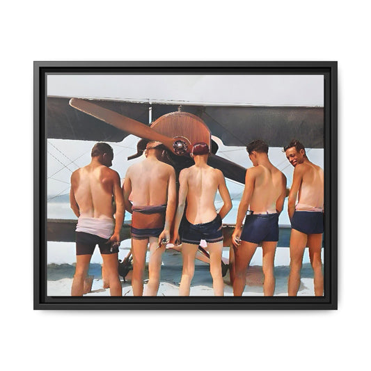 A beautifully restored vintage photograph of five men standing on a sunlit Key West beach with a vintage aircraft in the background. This nostalgic canvas print captures coastal adventure, camaraderie, and the free spirit of aviation history. Men urinating