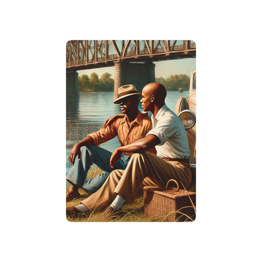 Queer Black history, 1920s picnic scene, Grant Wood-inspired Americana, Mississippi River, vintage roadster, LGBTQ+ romance. African -American Love