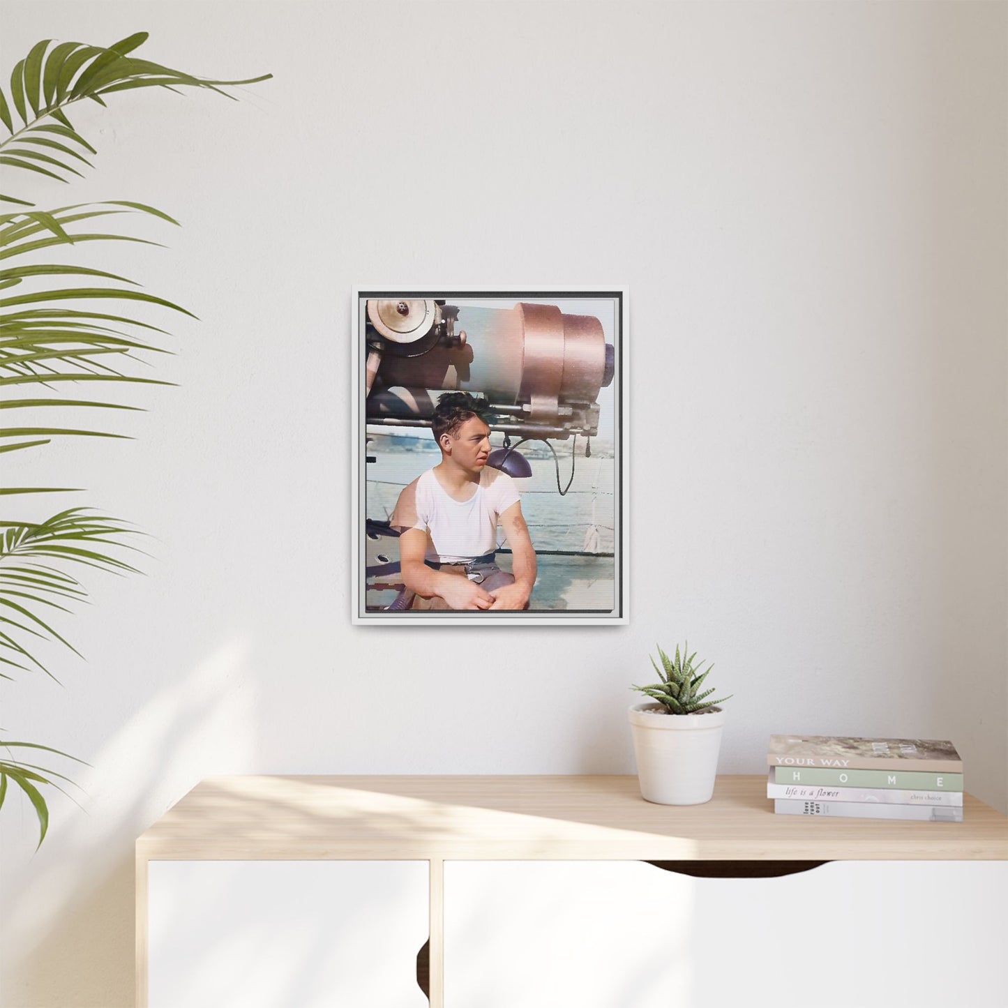 A restored vintage portrait of Harvey aboard the USS Oklahoma (BB-37). This framed matte canvas honors naval history, resilience, and service. Battleship Photo