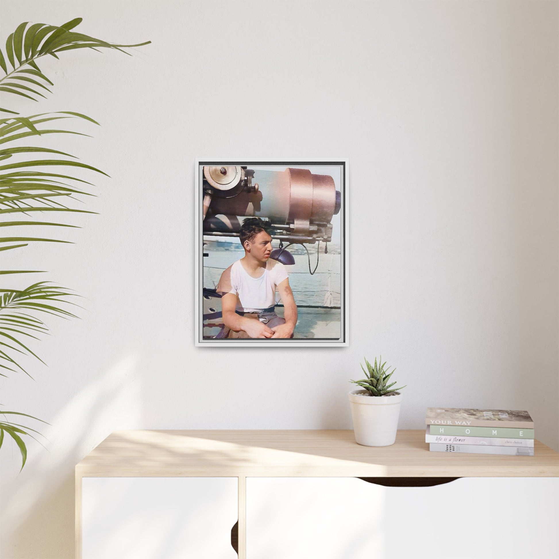 A restored vintage portrait of Harvey aboard the USS Oklahoma (BB-37). This framed matte canvas honors naval history, resilience, and service. Battleship Photo
